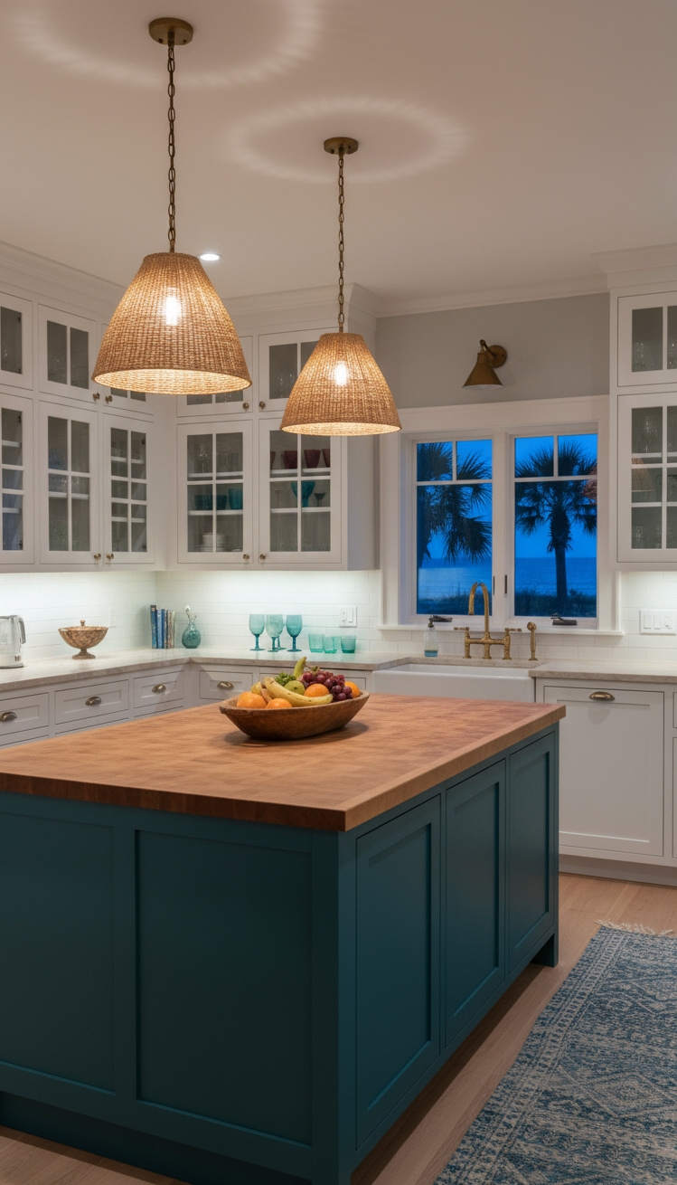 Beach Cottage Kitchens - Bold Islands & Twilight Ambiance - Teal kitchen island with butcher block countertop and glass-front cabinets.