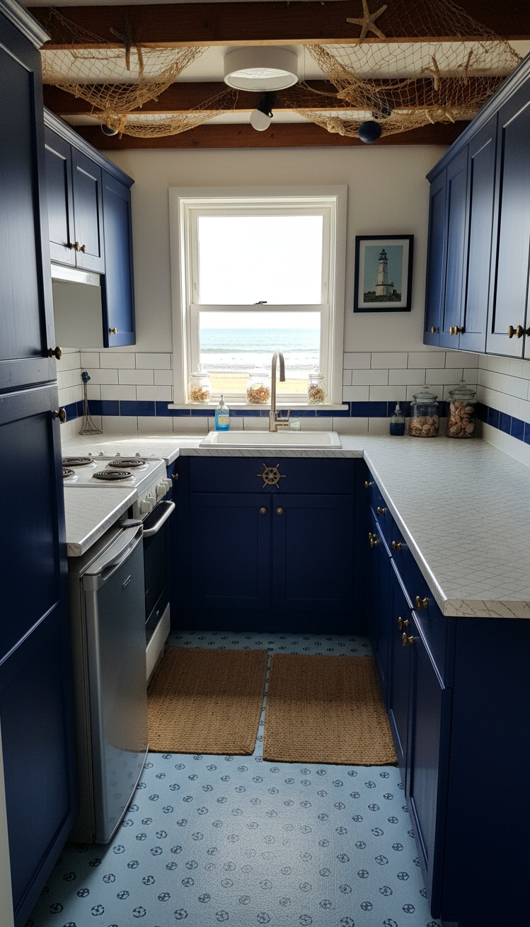 Beach Cottage Kitchens - Compact Nautical Galley Kitchens - Navy blue cabinetry, rope-patterned laminate, and anchor-themed linoleum floor.