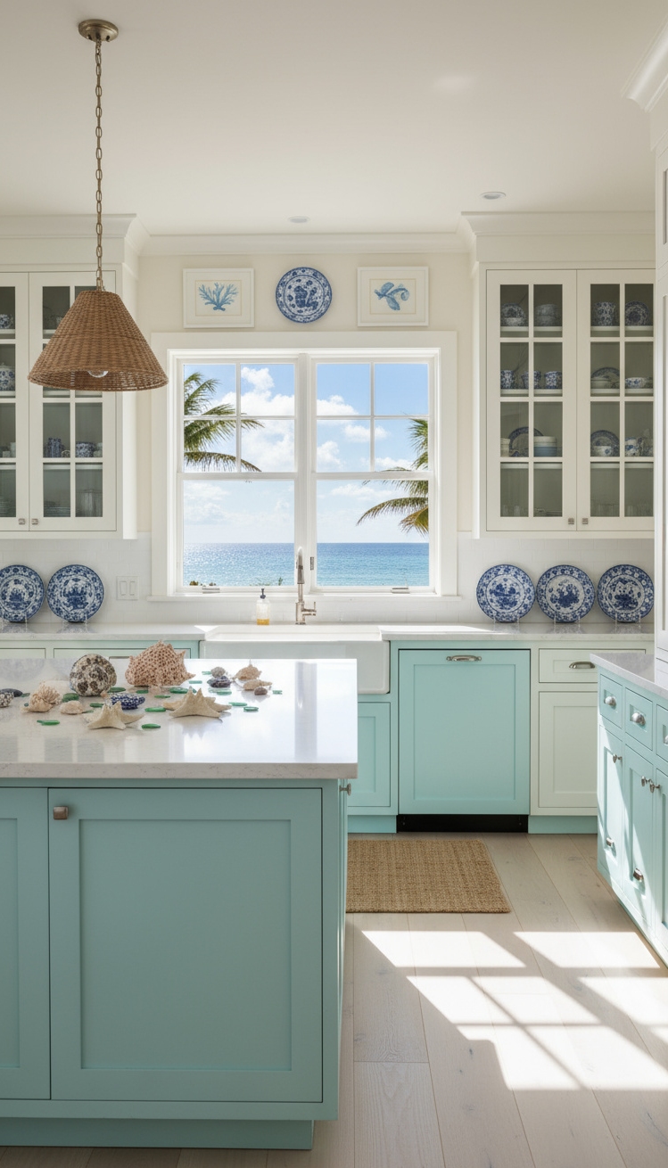 Beach Cottage Kitchens - Turquoise Touches & Coastal Elegance - Turquoise kitchen island with white cabinetry and blue and white china.