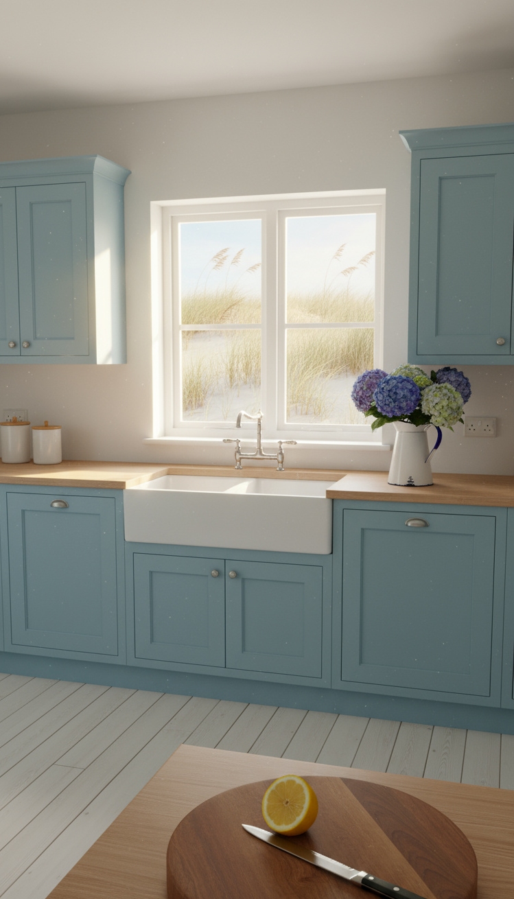 Beach Cottage Kitchens - Weathered Blue & Vintage Coastal Style - Robin's egg blue shaker cabinets, butcher block countertops, and farmhouse sink.