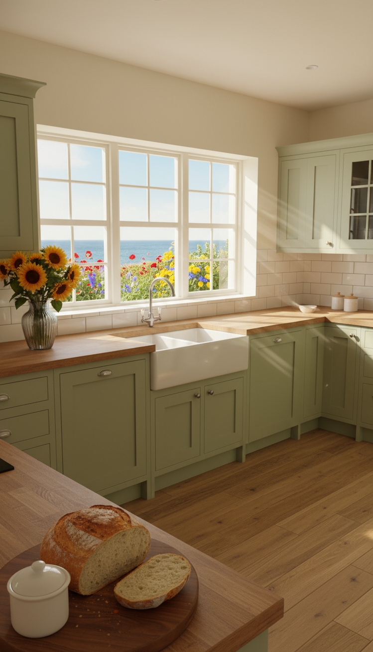 Beach Cottage Kitchens - Sun-Kissed Kitchens with Sage Green Accents - Sage green shaker cabinets, butcher block countertops, and farmhouse sink.