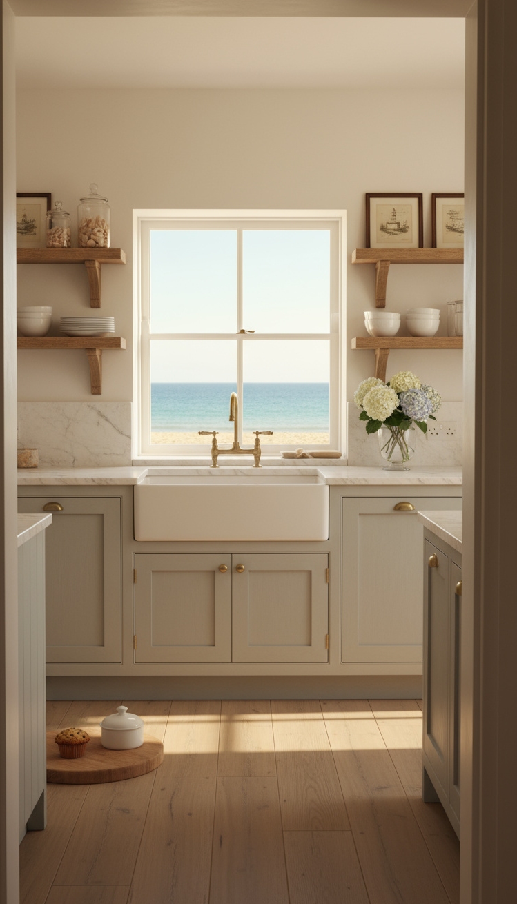 Beach Cottage Kitchens - Sunlit Serenity: Coastal Kitchen Designs - Weathered gray shaker cabinets, reclaimed wood shelving, and white marble countertops.