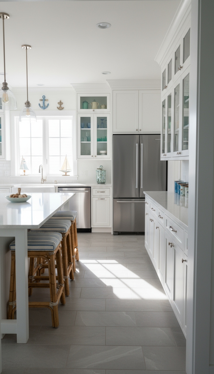 Beach Cottage Kitchens - Bright & Airy Coastal Kitchens - White quartz island, woven bar stools, and glass-front cabinets.
