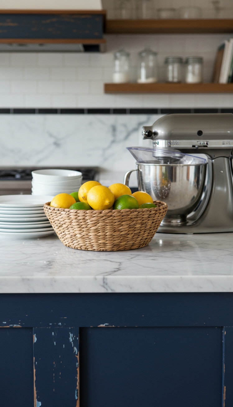 Beach Cottage Kitchens - Island Accents: Rustic Meets Modern - Distressed navy blue kitchen island with white marble countertop and seagrass basket.