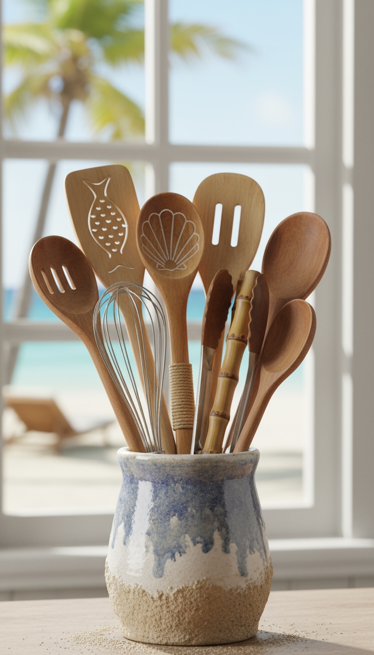 Beach Cottage Kitchens - Utensil Holders: Everyday Beauty in Detail - Rustic ceramic utensil holder with wooden handles.