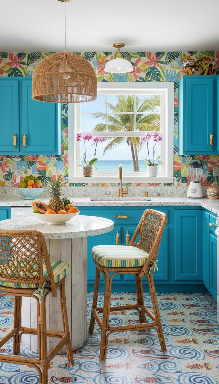 Beach Cottage Kitchens - Vibrant Colors & Playful Patterns - Turquoise cabinets, seashell-patterned laminate countertops, and colorful tile backsplash.