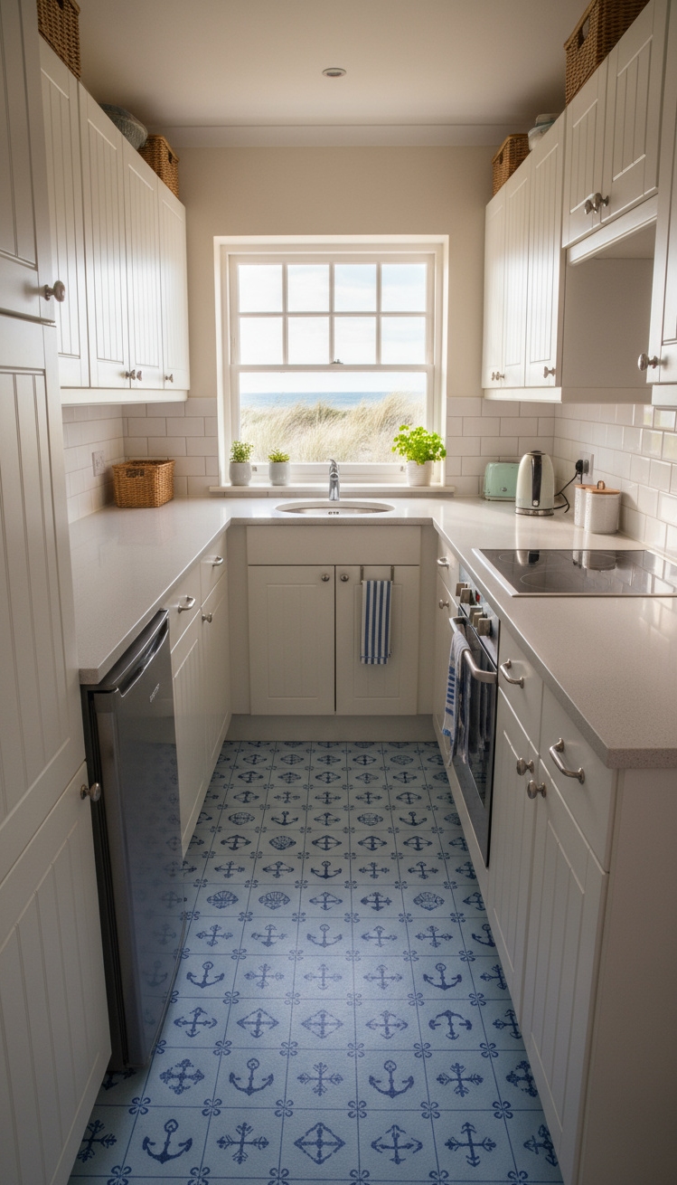 Beach Cottage Kitchens - Compact & Charming Beach Cottage Kitchens - Crisp white cabinetry, stainless steel appliances, and nautical patterned linoleum floor.