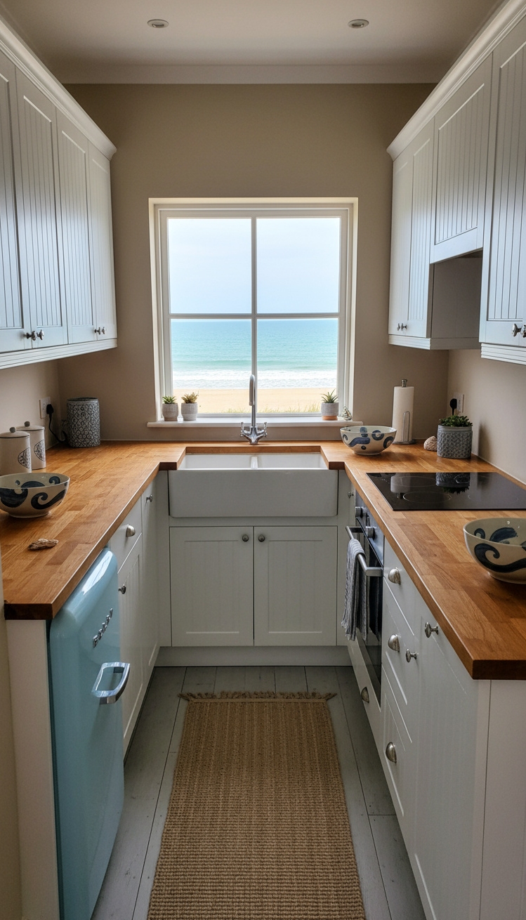 Beach Cottage Kitchens - Coastal Galley Kitchens - Pastel blue retro refrigerator, butcher block countertops, and white cabinetry.