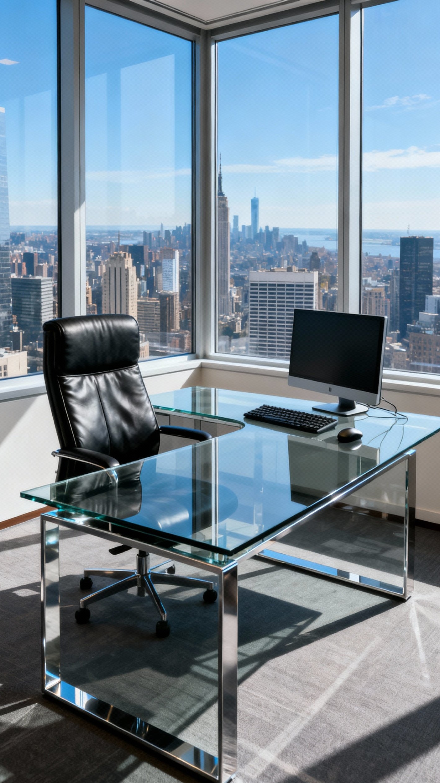 office design ideas - Elevated Office Design: Glass & Views - This glass and chrome L-shaped desk immediately grabs...