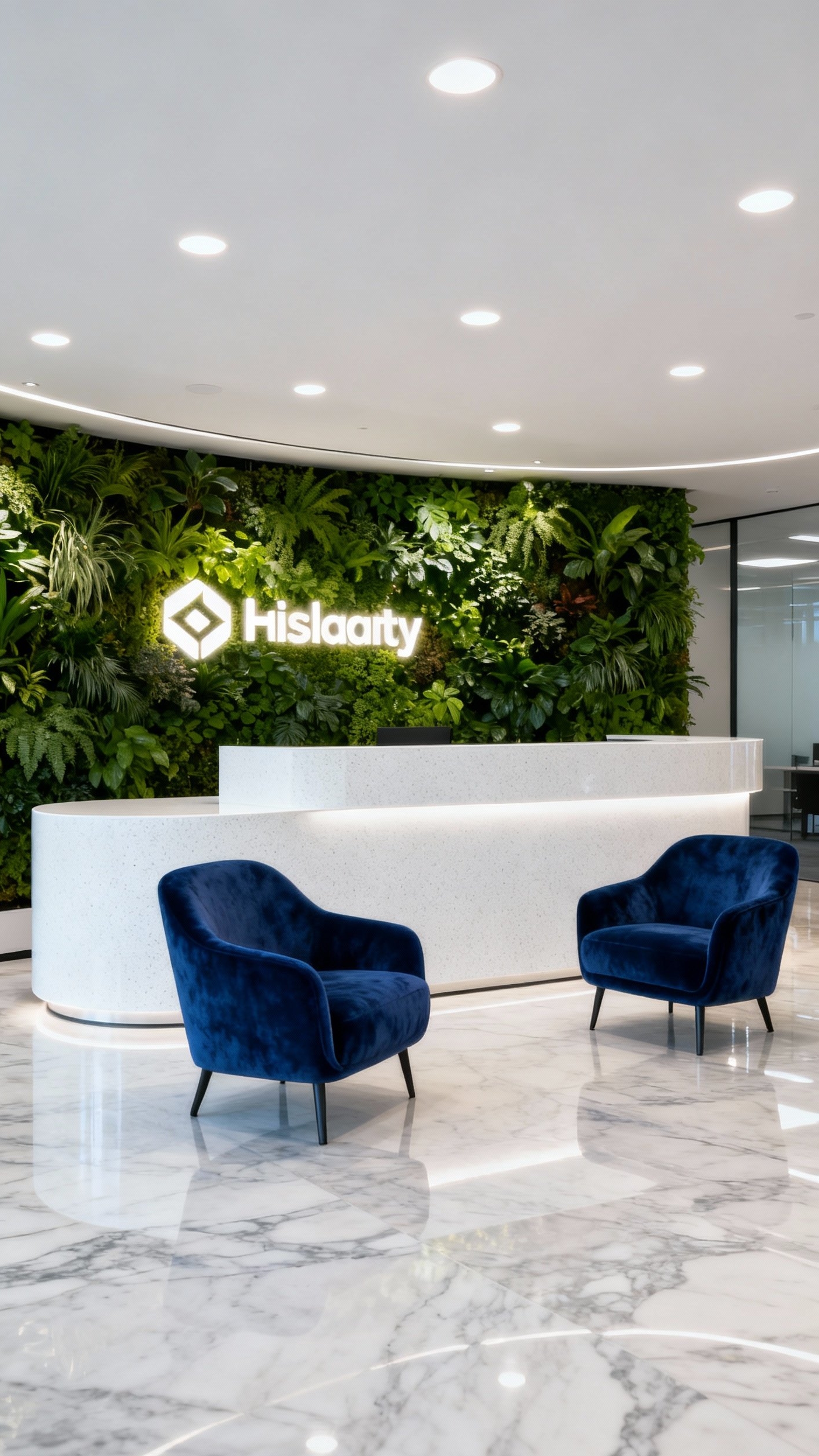 office design ideas - Curved Desk, Living Wall: Office Oasis - The curved reception desk immediately draws your eye,...