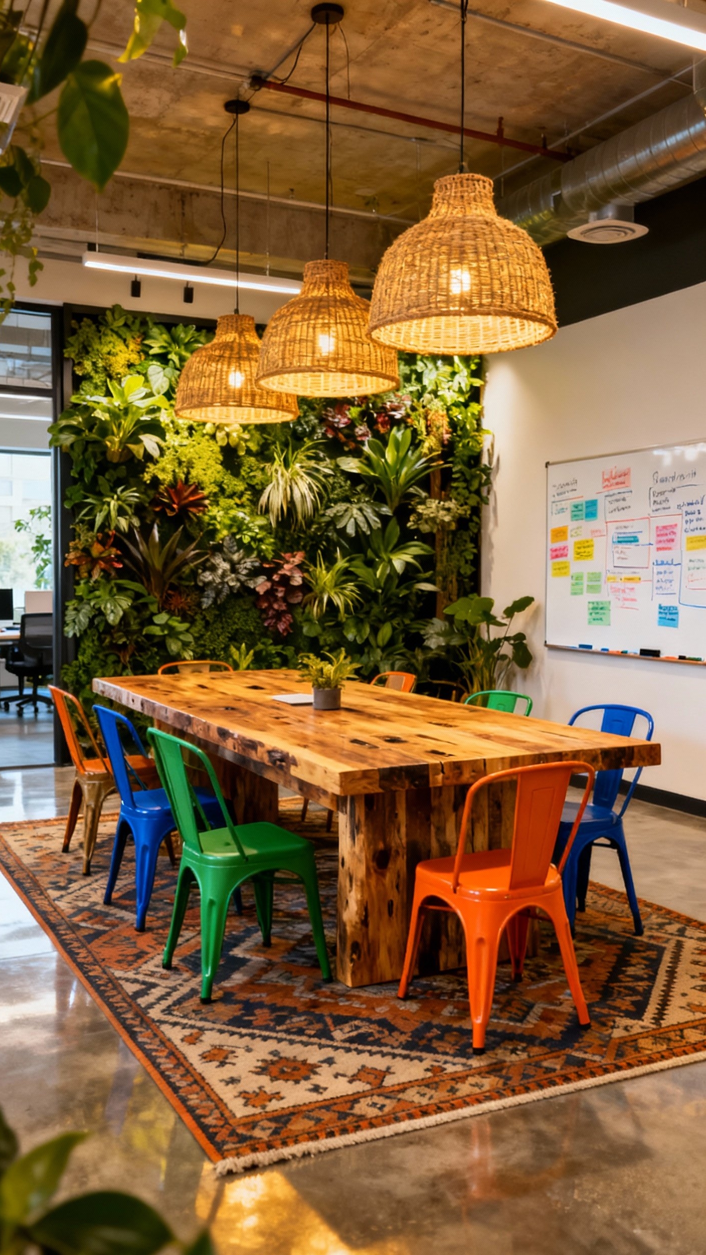 office design ideas - Biophilic Office Design: Vibrant Collaboration - The reclaimed wood table immediately draws your eye...