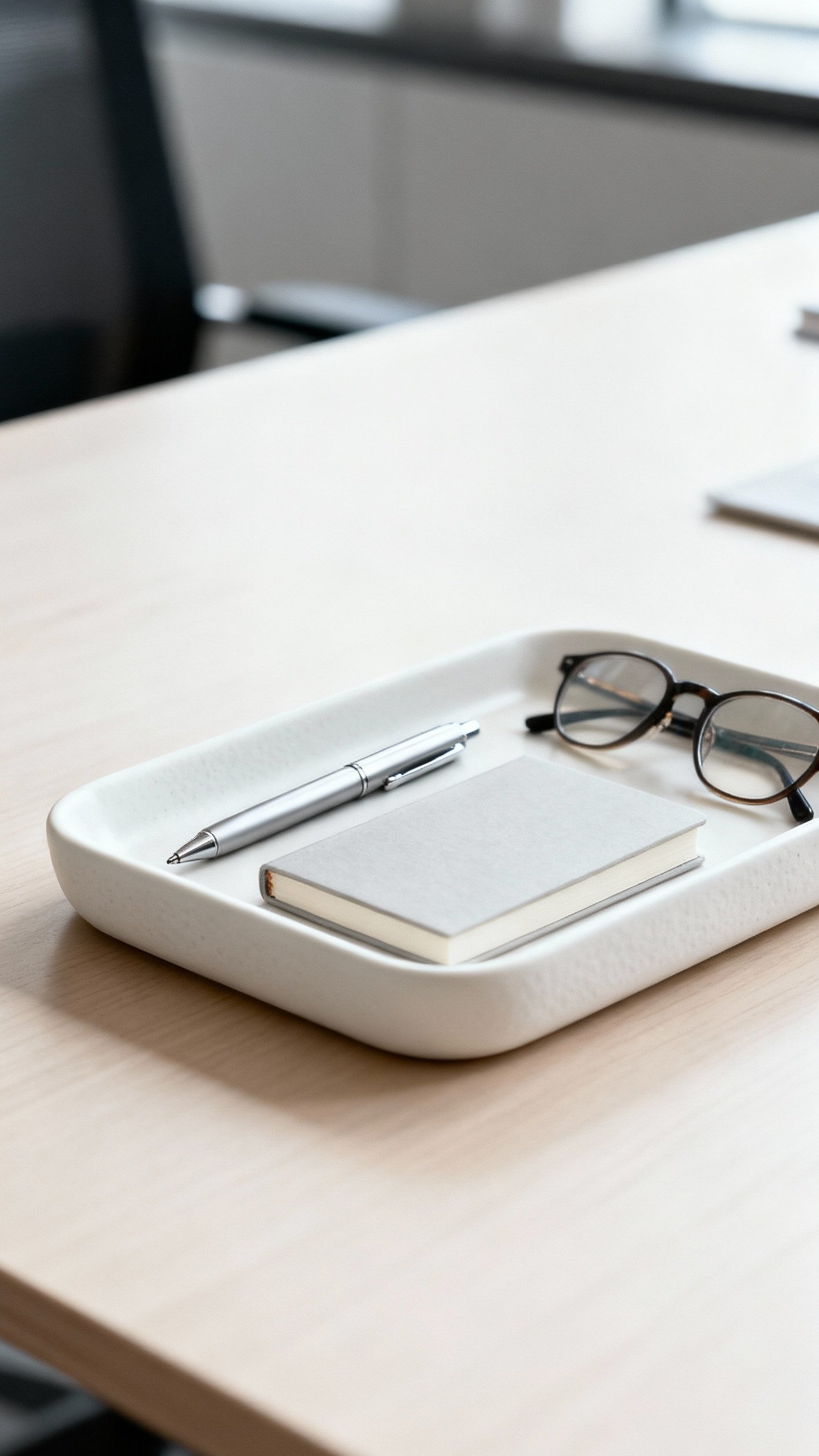 office design ideas - Desk Details: Minimalist Office Design - This ceramic tray anchors a workspace that whispers...