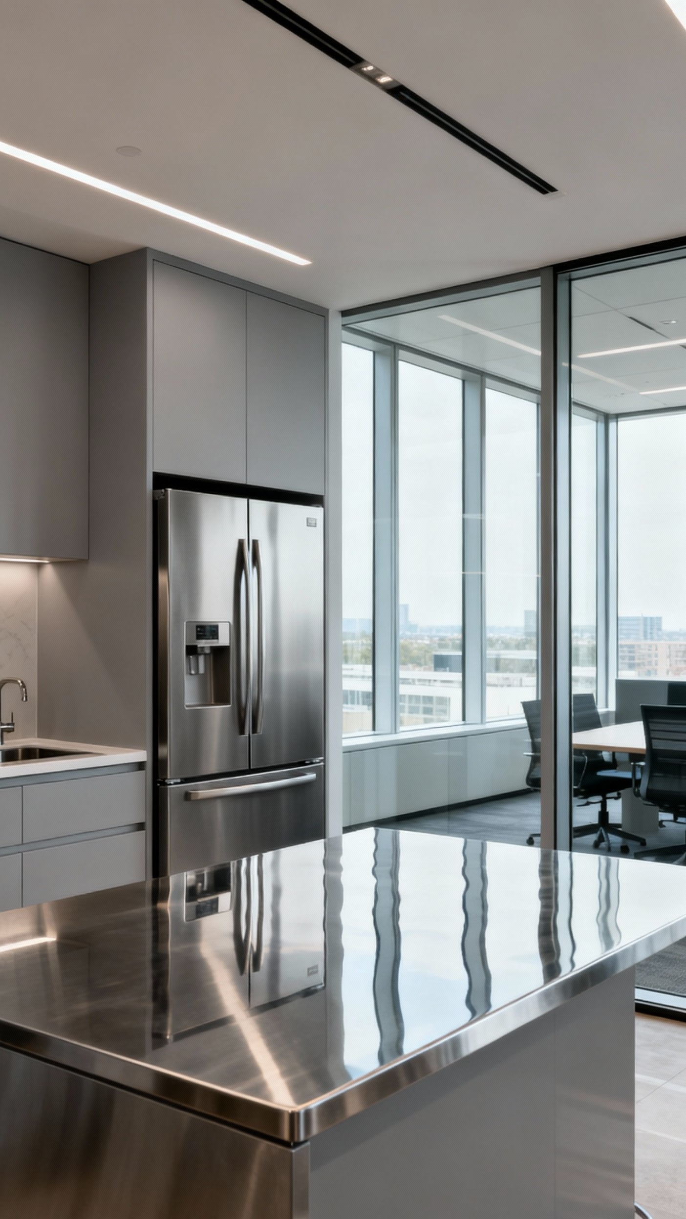 office design ideas - Sleek Office Kitchen Design Ideas - The star of this modern office kitchen is...