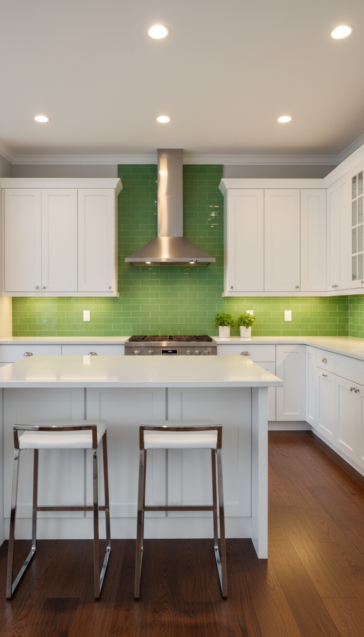 White Kitchen Ideas - Refreshing Green Backsplash in White Kitchens