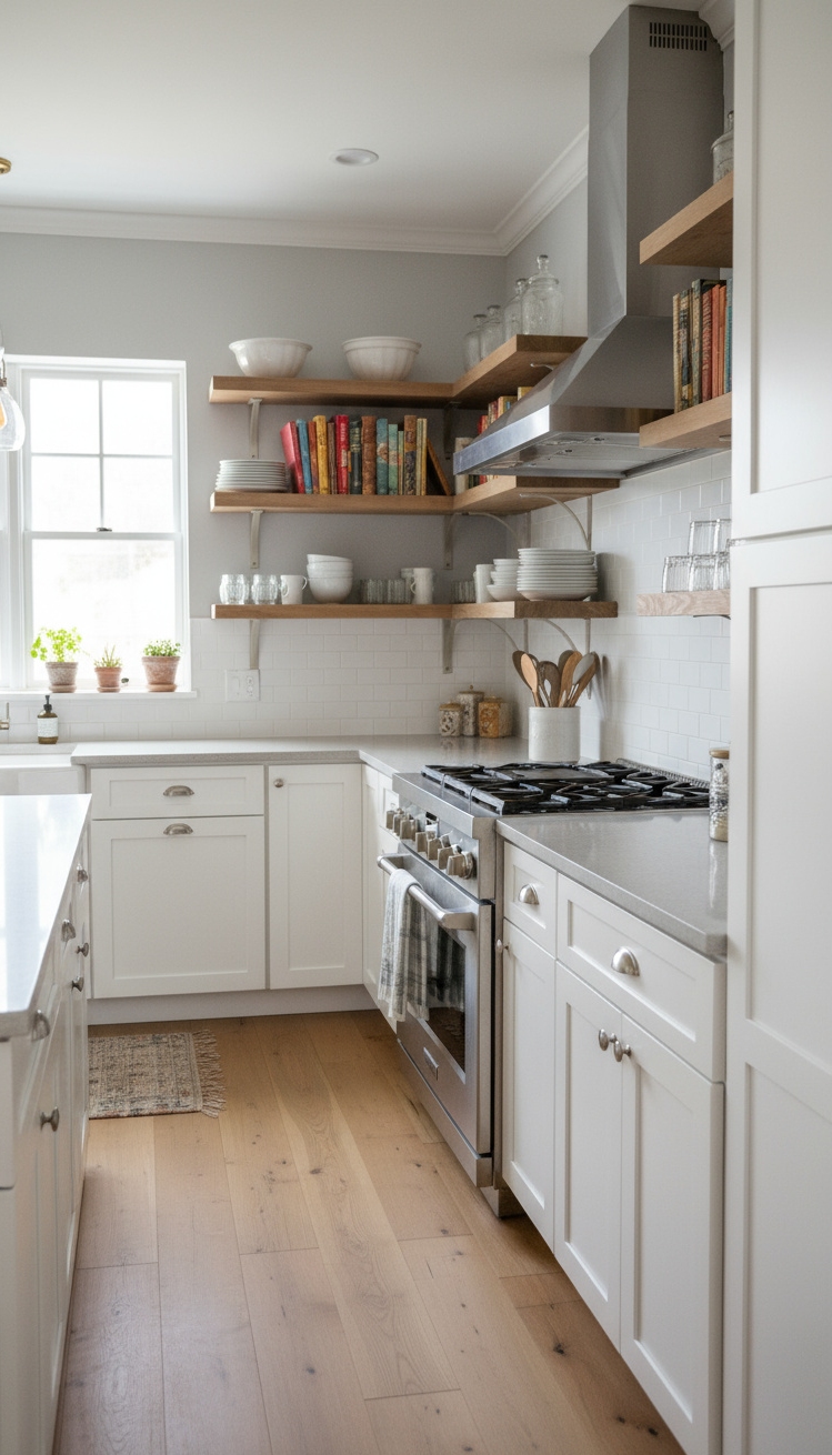 White Kitchen Ideas - Open Shelving and Vintage Accents in White Kitchens