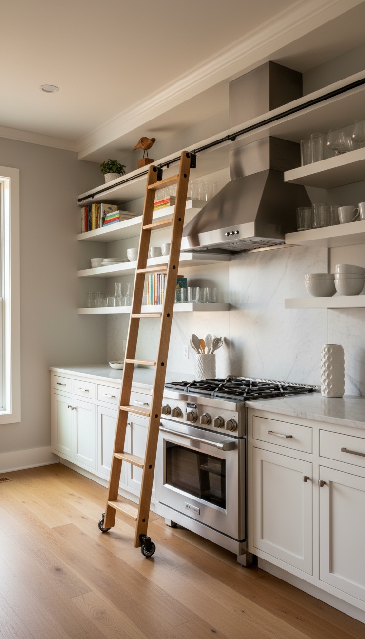 White Kitchen Ideas - Open Shelves with Ladder: A Touch of Farmhouse Elegance
