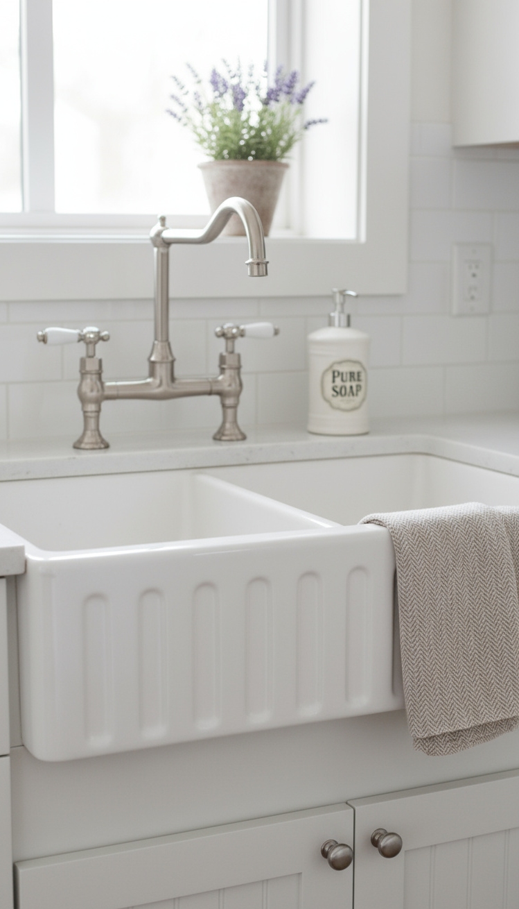 White Kitchen Ideas - Farmhouse Sink Details: Timeless White Kitchen Inspiration