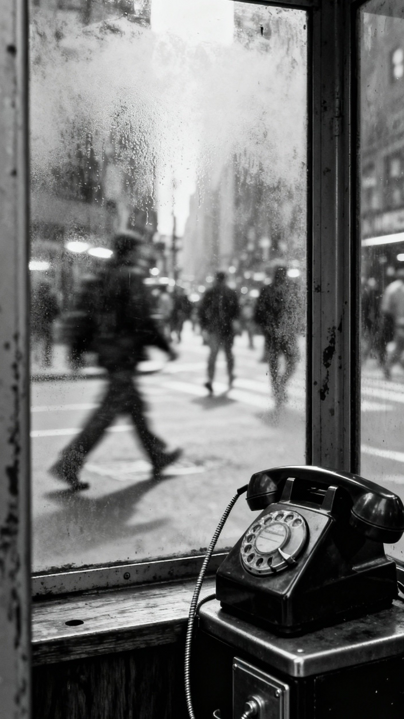 Urban City Photography - Echoes of the Past: Vintage Phone Booths in Modern Cities - A fogged glass phone booth with a rotary phone inside, evoking nostalgia.