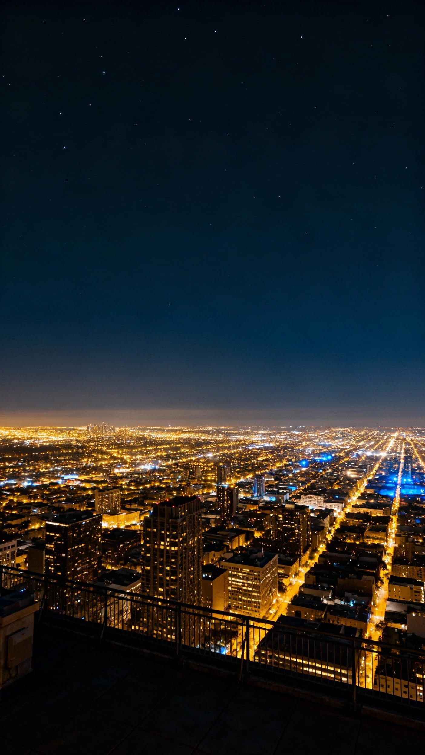 Urban City Photography - Elevated Perspectives: Rooftop Cityscapes at Night - A panoramic view of city lights from a rooftop.