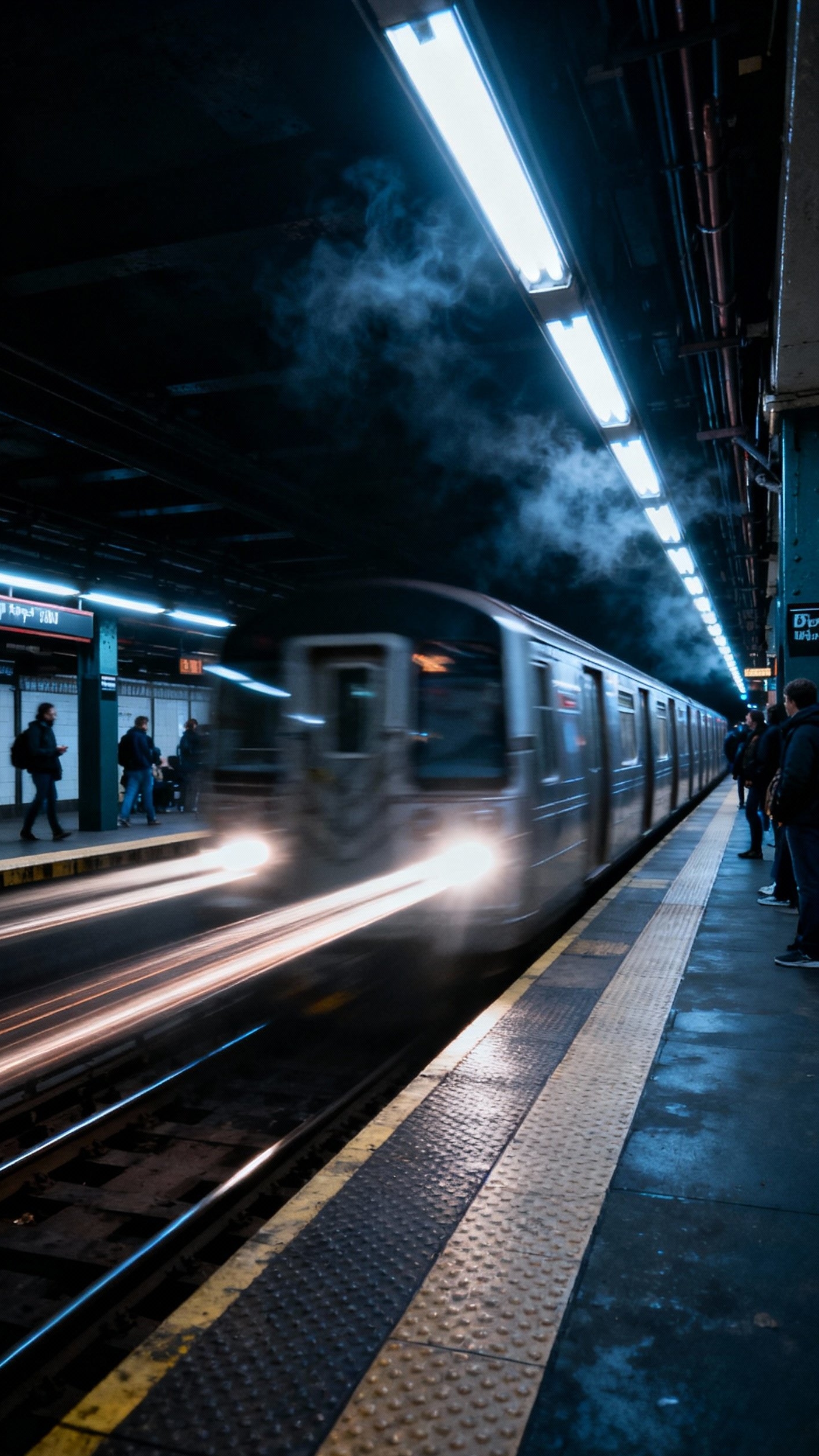 Urban City Photography - Dynamic Motion: Conveying Urban Energy Through Blur - A subway train captured in motion blur speeding through a station.