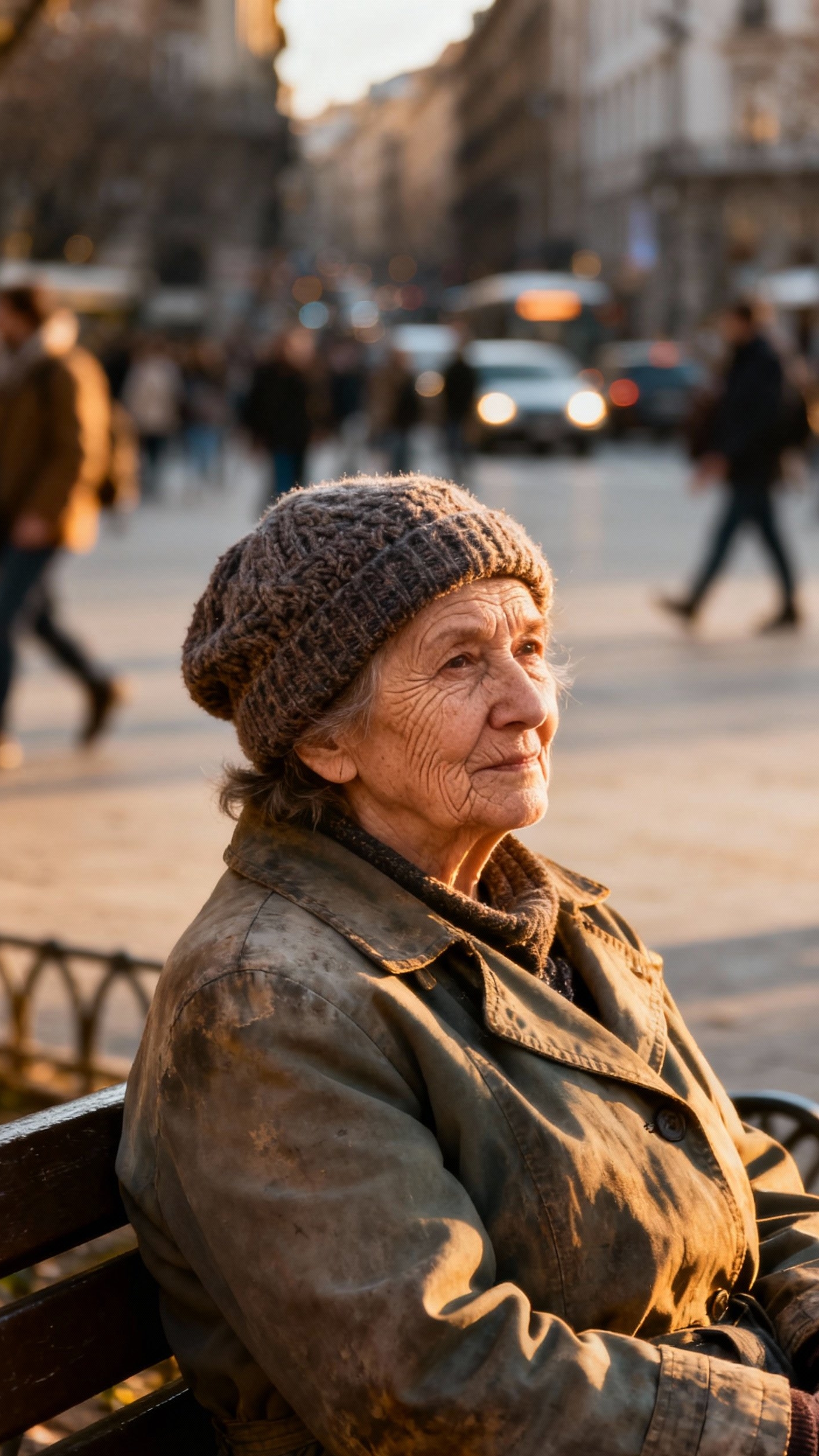 Urban City Photography - Faces of the City: Capturing Human Stories - An elderly woman sitting on a park bench, her face full of character.