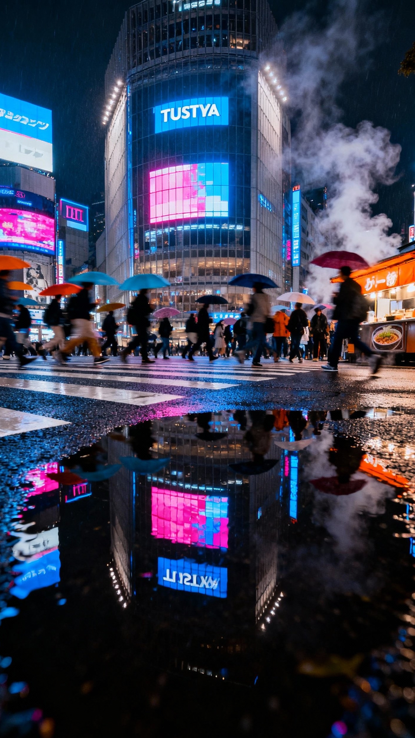 Urban City Photography - Tokyo After Rain: Neon Reflections and Urban Energy - Rain-soaked Shibuya crossing reflecting neon lights.