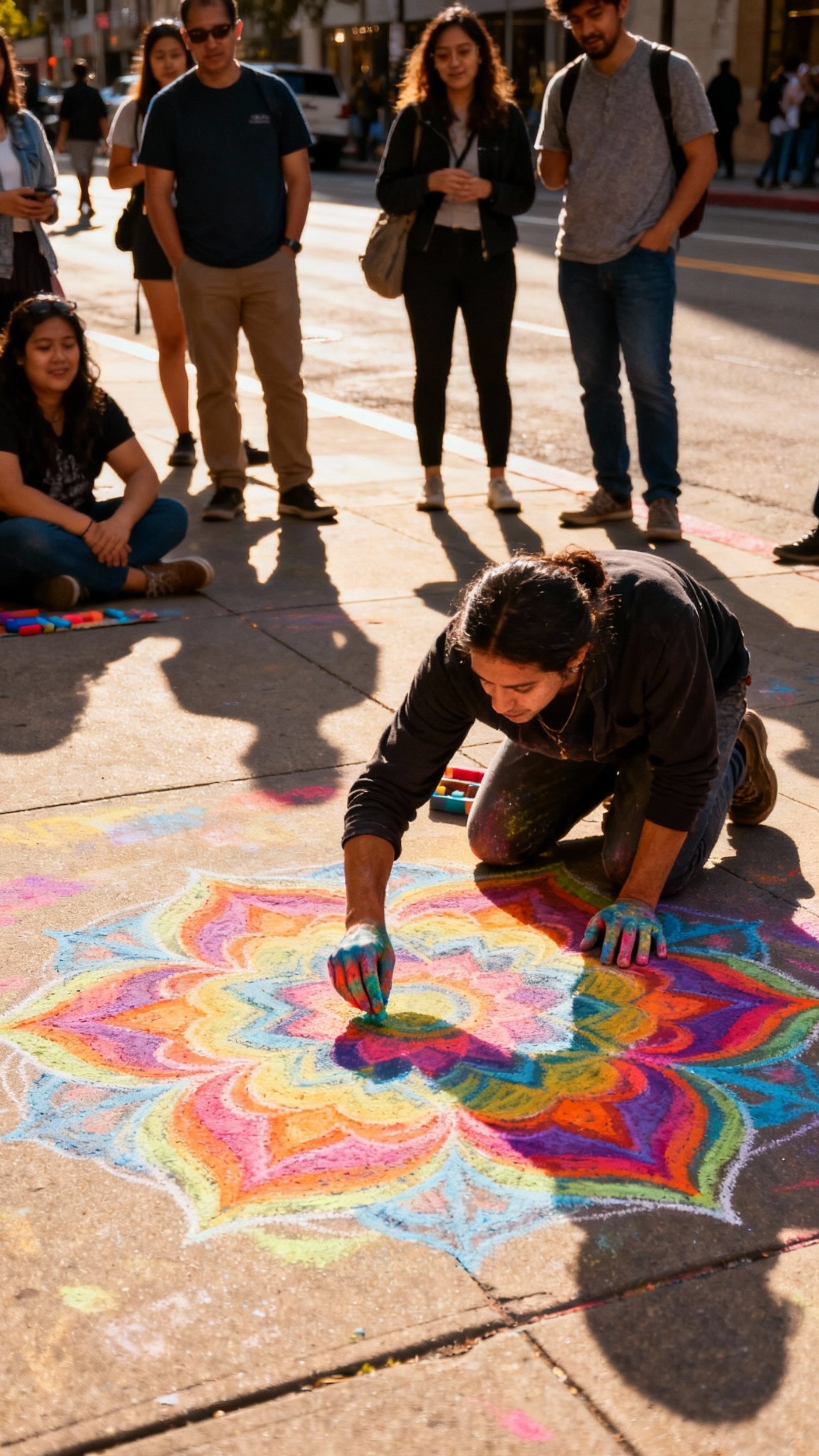 Urban City Photography - Street Art in Motion: Chalk Creations on Concrete - A street artist creating colorful chalk art on the sidewalk.