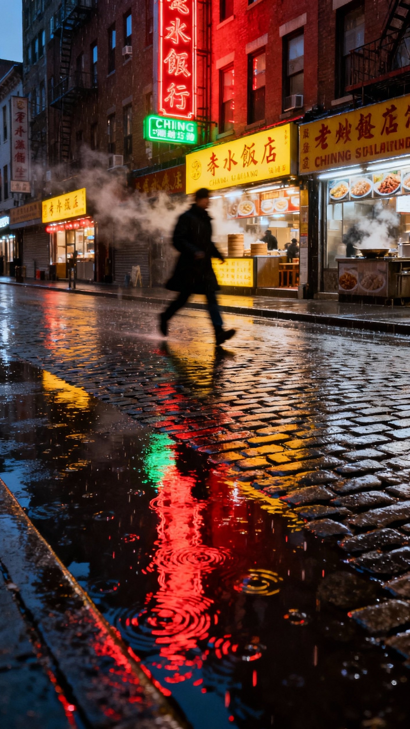 Urban City Photography - Chinatown Glow: Neon Lights and Rainy Streets - Neon signs reflecting on wet cobblestones at dusk.