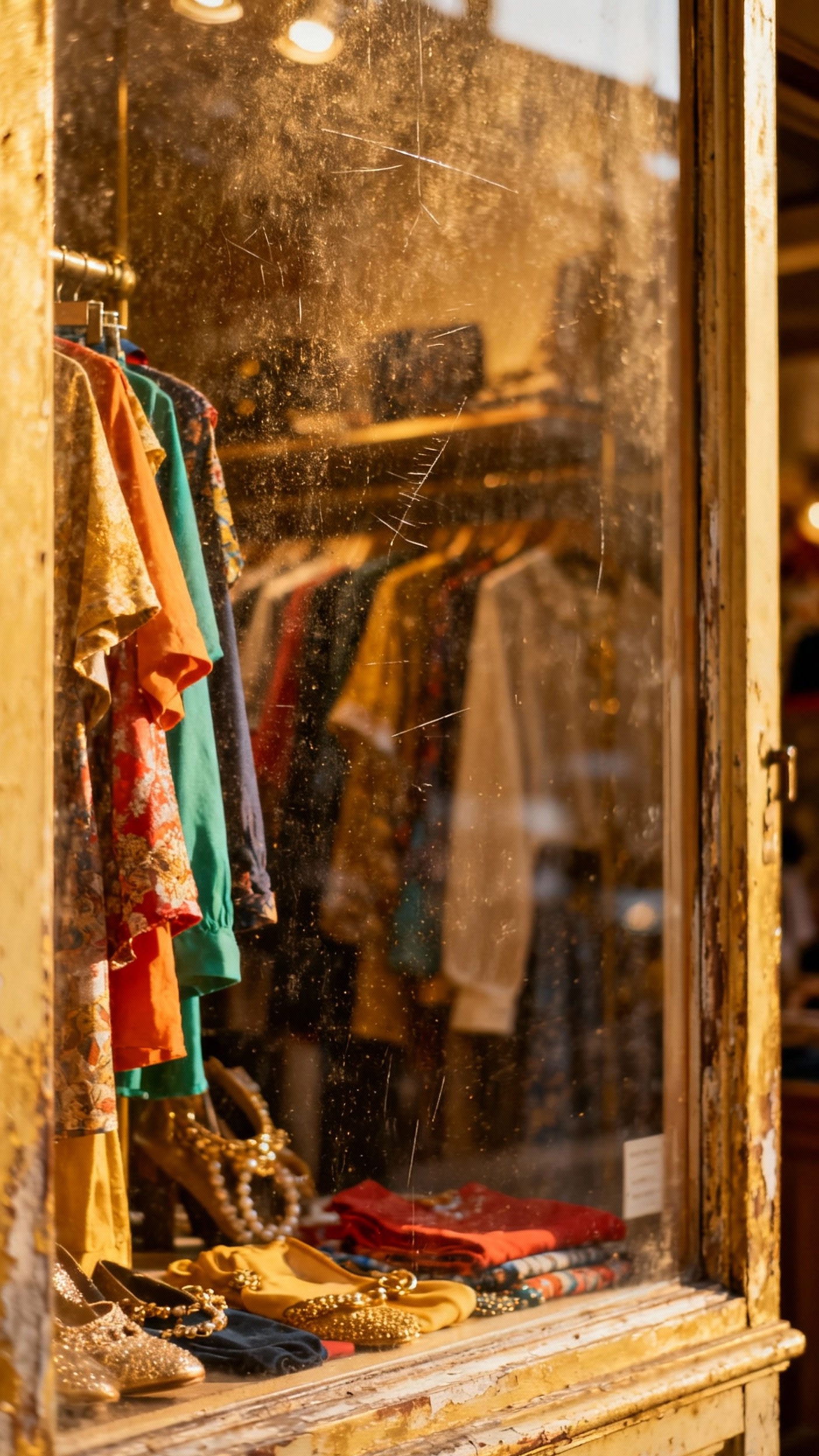 Urban City Photography - Textures of the City: Stories Told Through Details - Close-up of vintage clothing and accessories in a shop window.