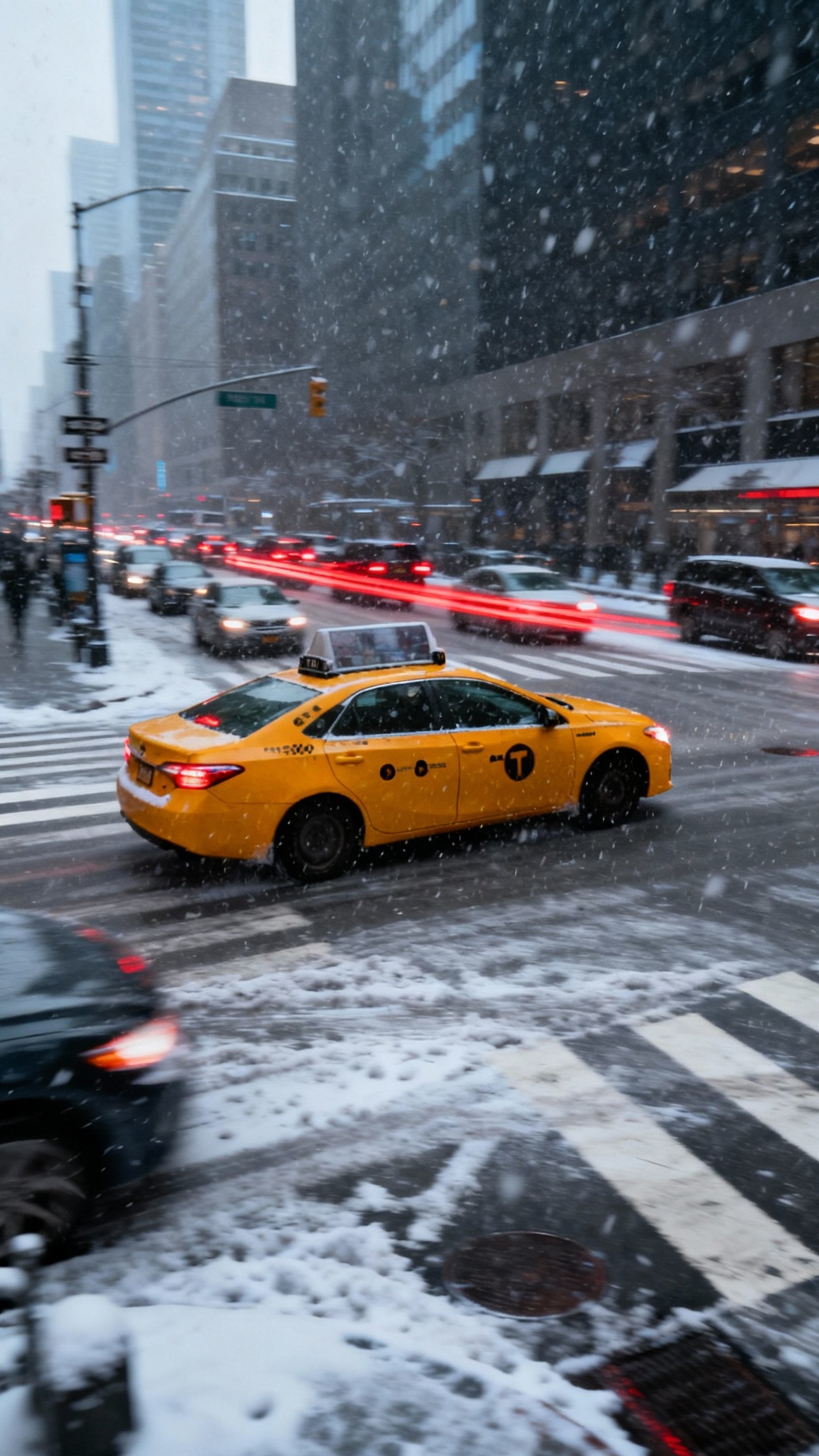 Urban City Photography - Manhattan’s Rush: Isolating Moments in the Chaos - A yellow taxi navigating a snowy Midtown intersection.