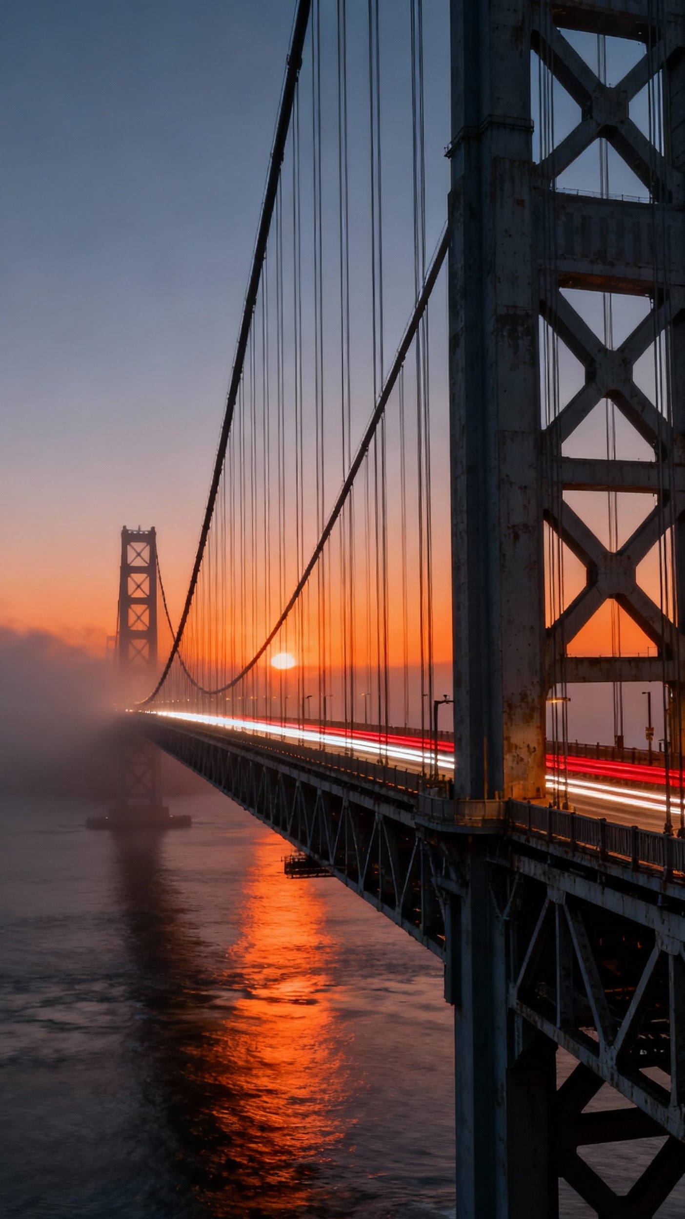Urban City Photography - Monumental Structures: Showcasing Urban Scale - A suspension bridge towering against the twilight sky.