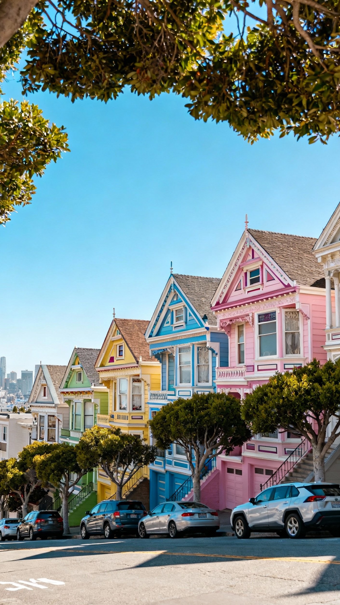 Urban City Photography - San Francisco’s Painted Ladies: A Colorful Urban Icon - Victorian houses in pastel colors on a steep street.