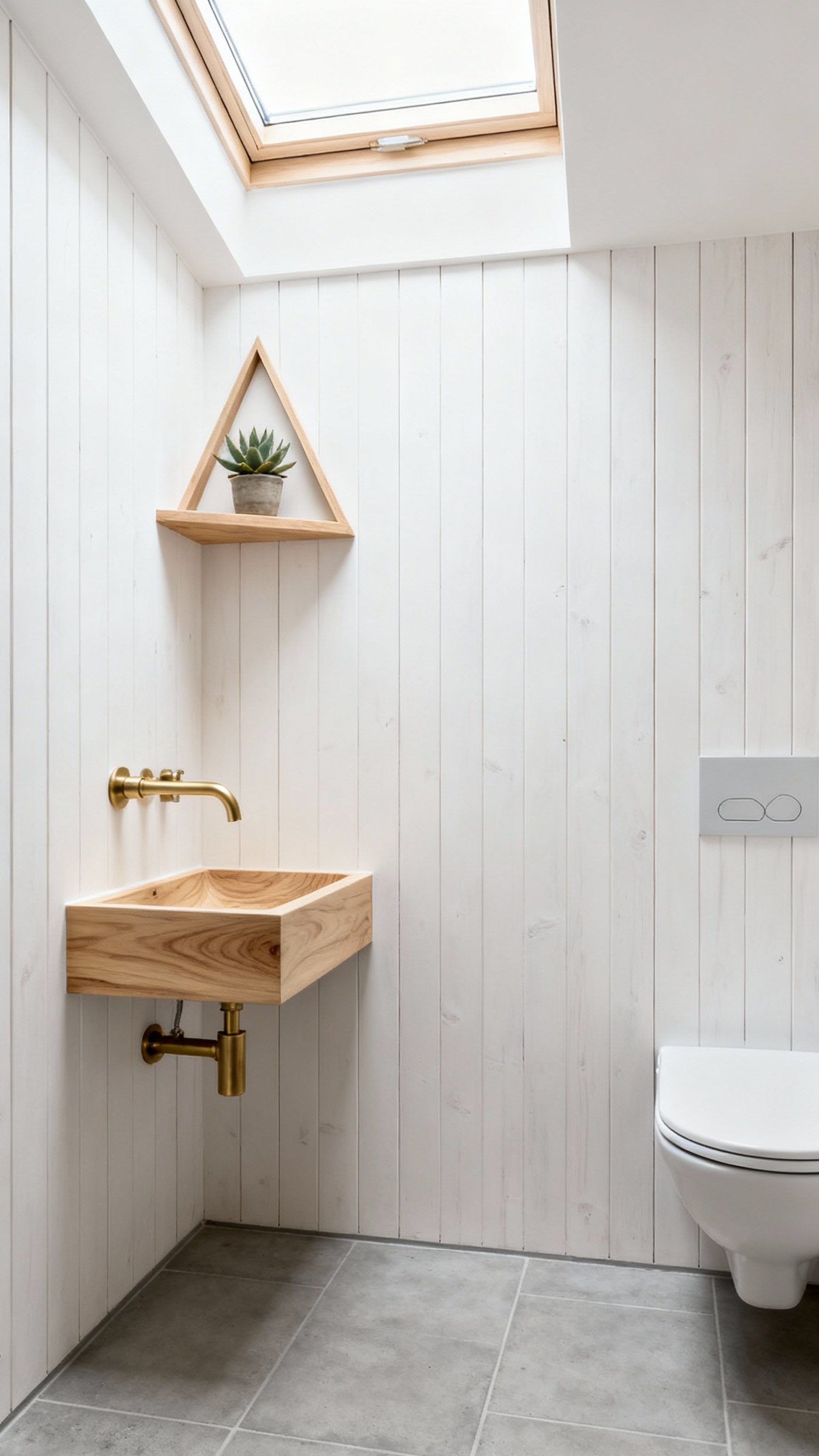 Small Guest Toilet Ideas - Harnessing Natural Light and Texture - Skylight and wooden sink