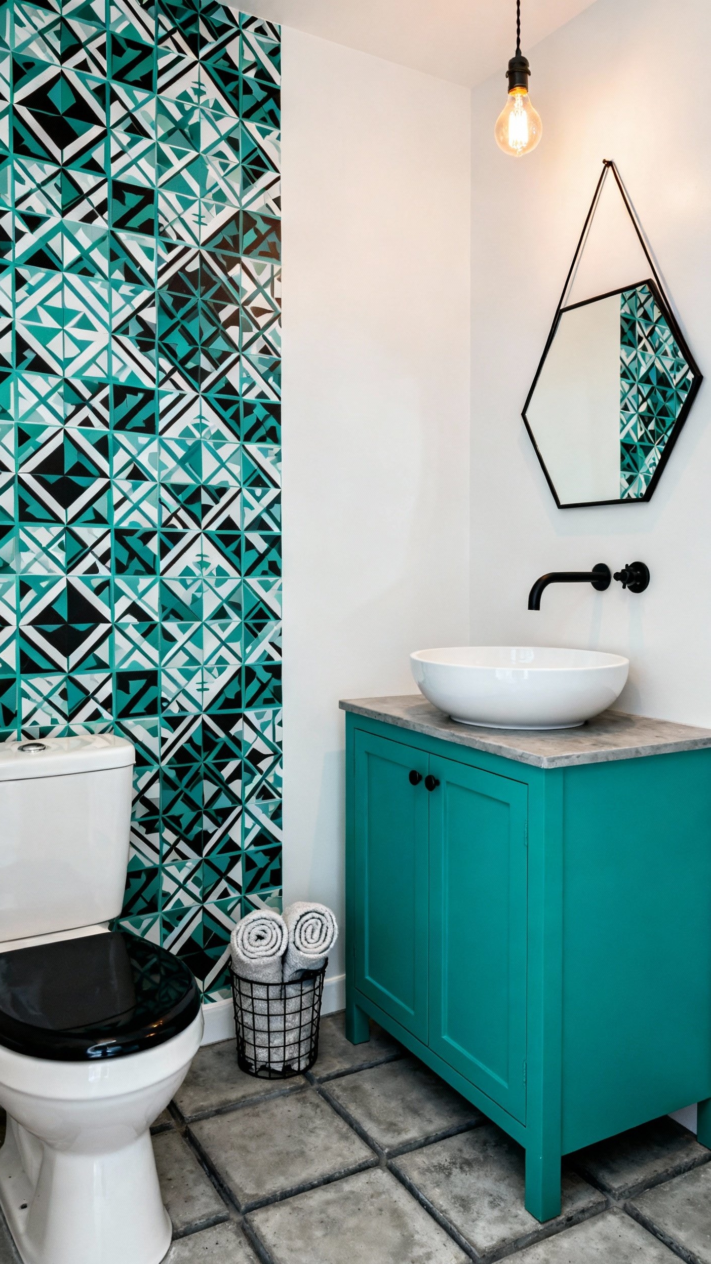 Small Guest Toilet Ideas - Vibrant Accents for Small Guest Bathrooms - Teal vanity and geometric wallpaper