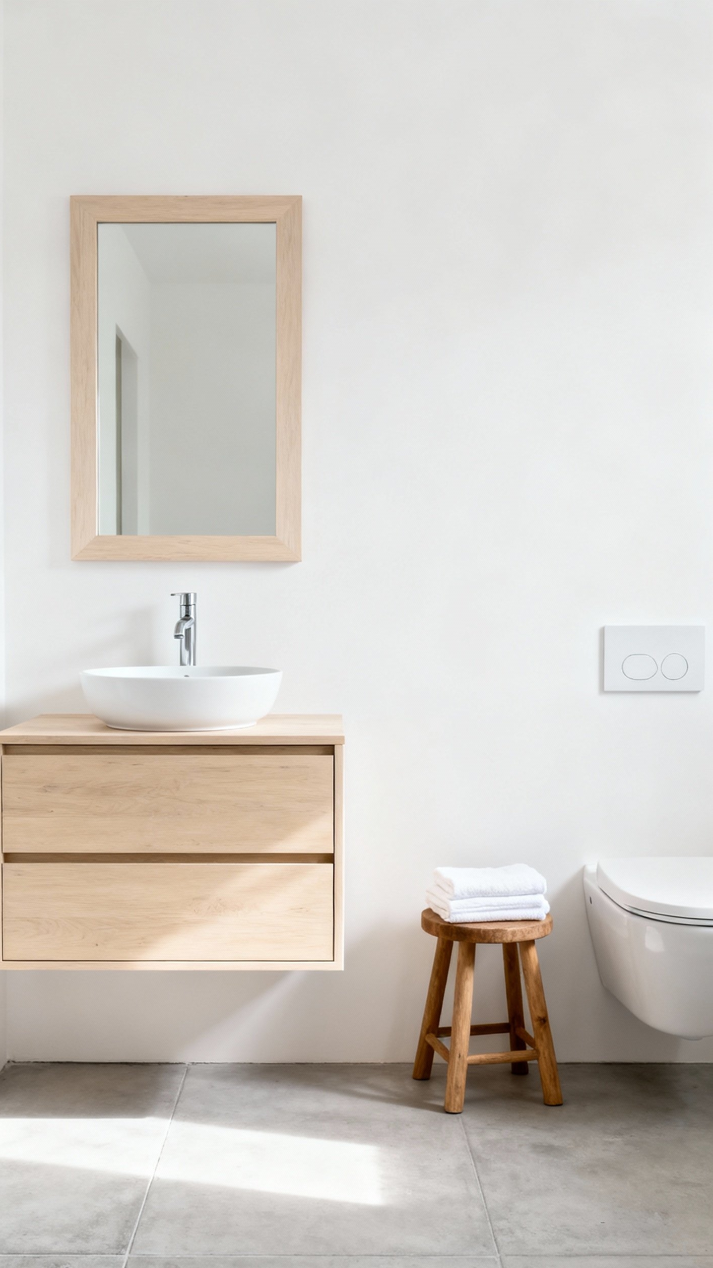 Small Guest Toilet Ideas - Scandinavian Simplicity in Small Spaces - Light wood vanity and white walls