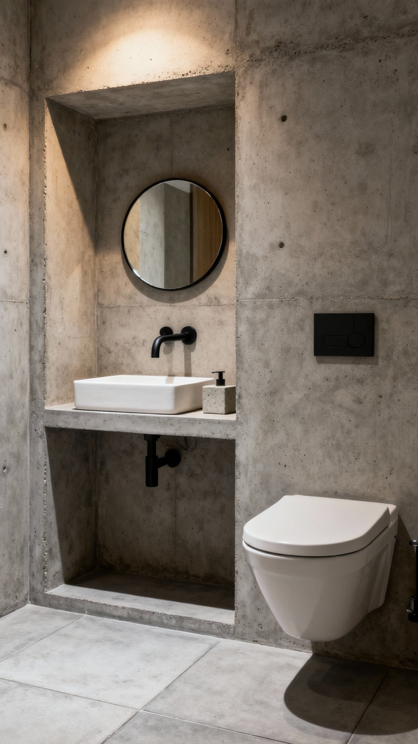 Small Guest Toilet Ideas - Minimalist Concrete Elegance - Raw concrete walls and built-in niche