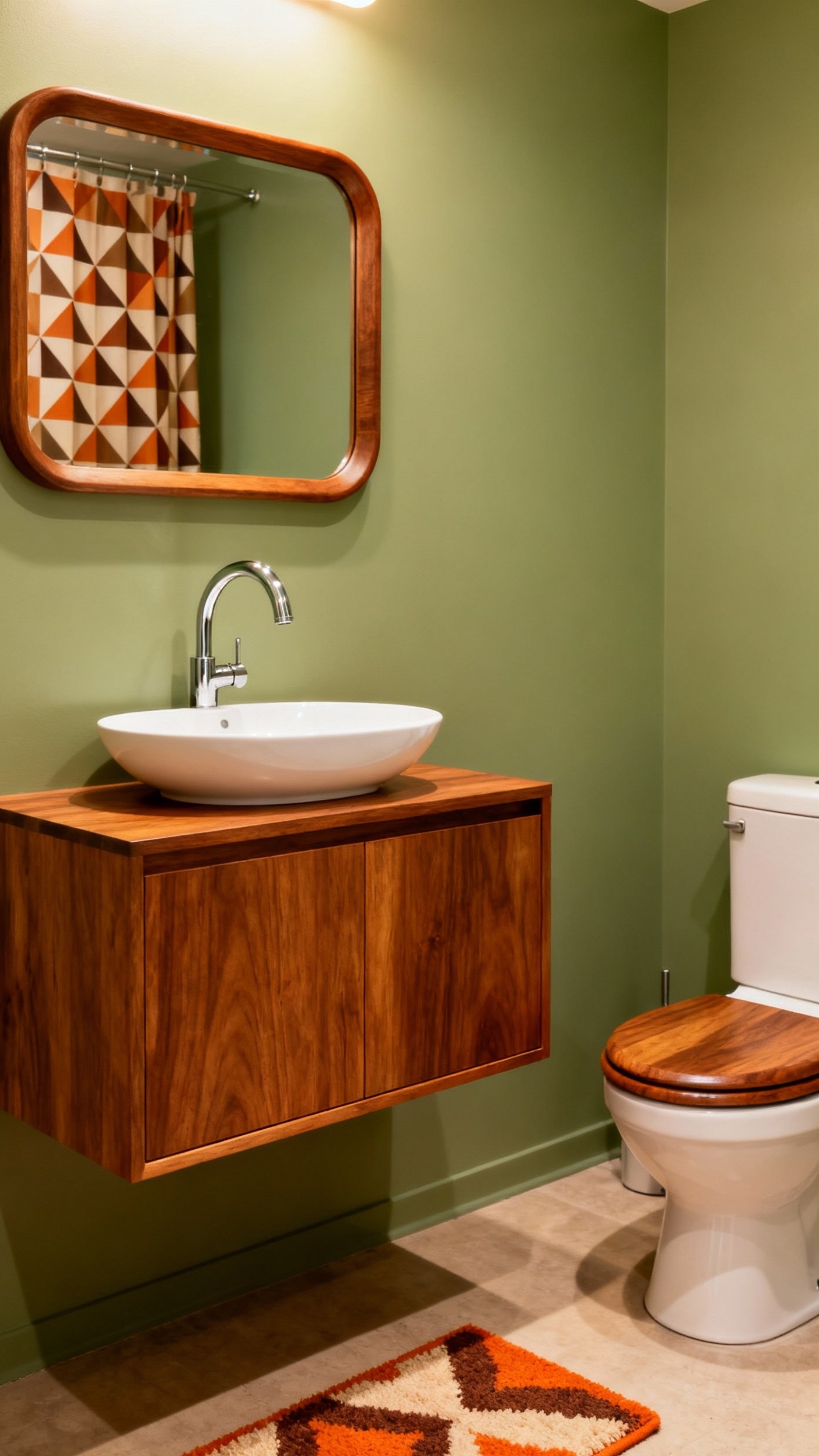 Small Guest Toilet Ideas - Mid-Century Modern Flair - Floating teak vanity and avocado green walls