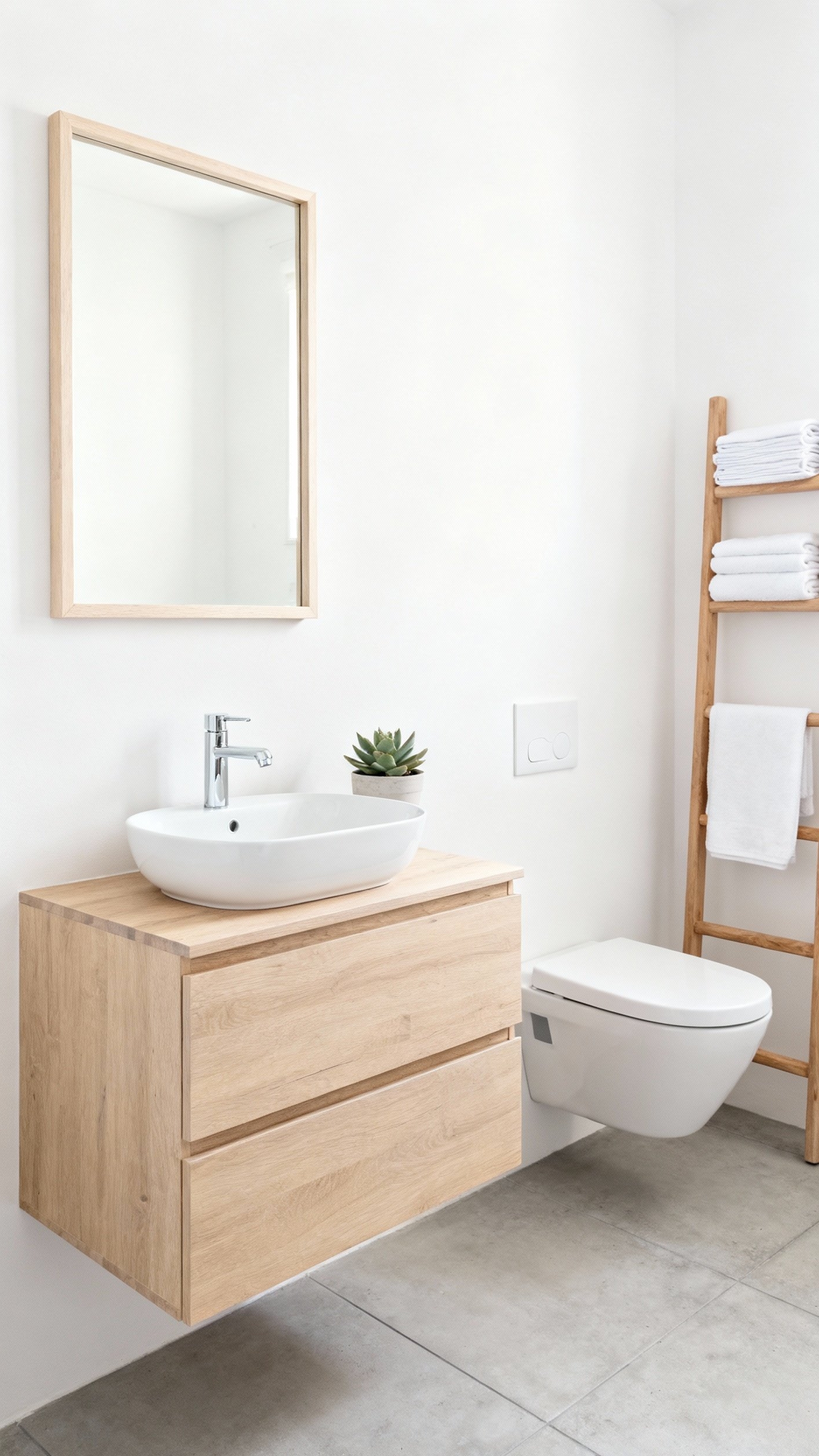 Small Guest Toilet Ideas - Scandinavian Space Optimization - Light wood vanity and wall-mounted toilet