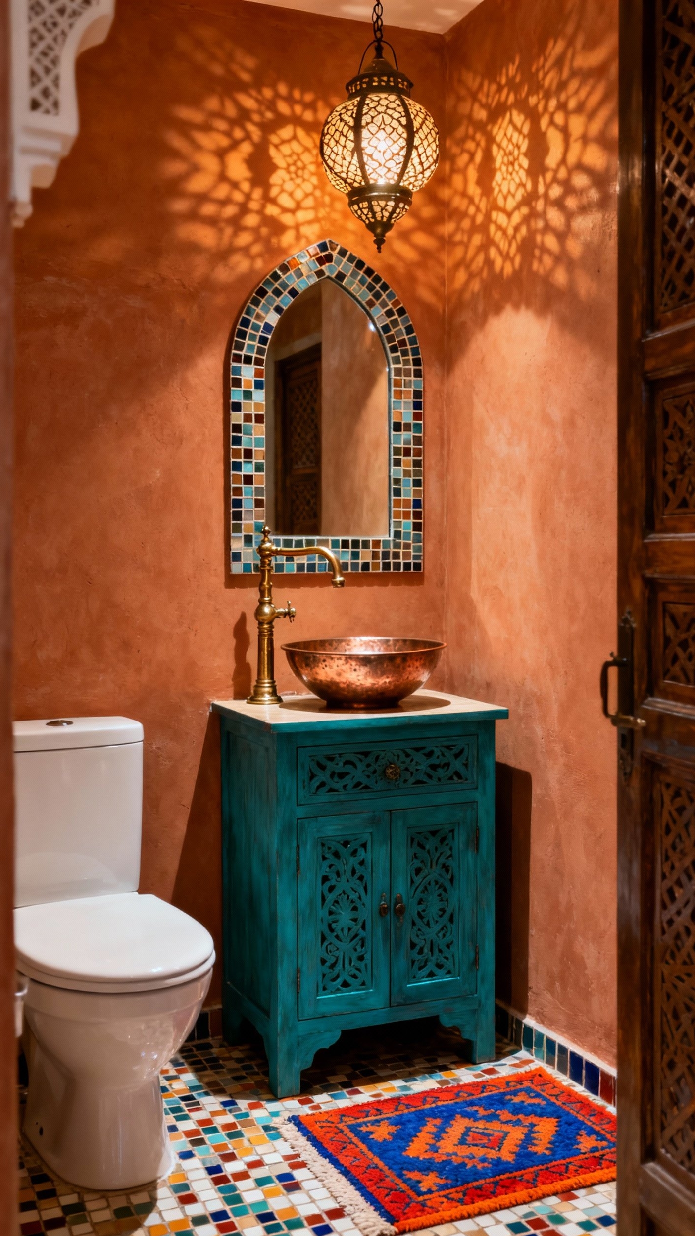 Small Guest Toilet Ideas - Moroccan-Inspired Vibrancy - Turquoise vanity and mosaic tiles