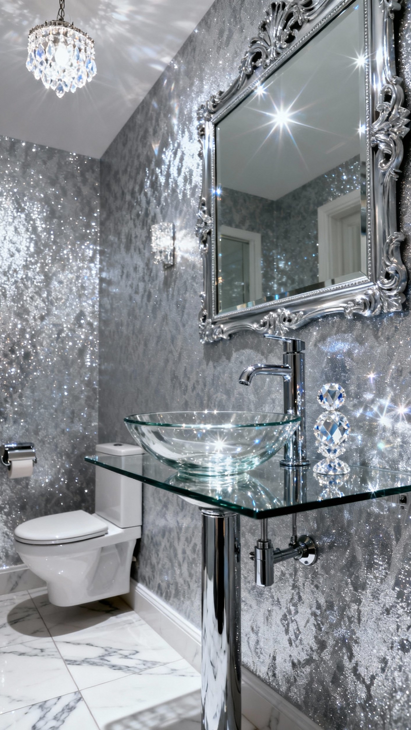 Small Guest Toilet Ideas - Glamorous Touches for Small Spaces - Silver wallpaper and crystal chandelier