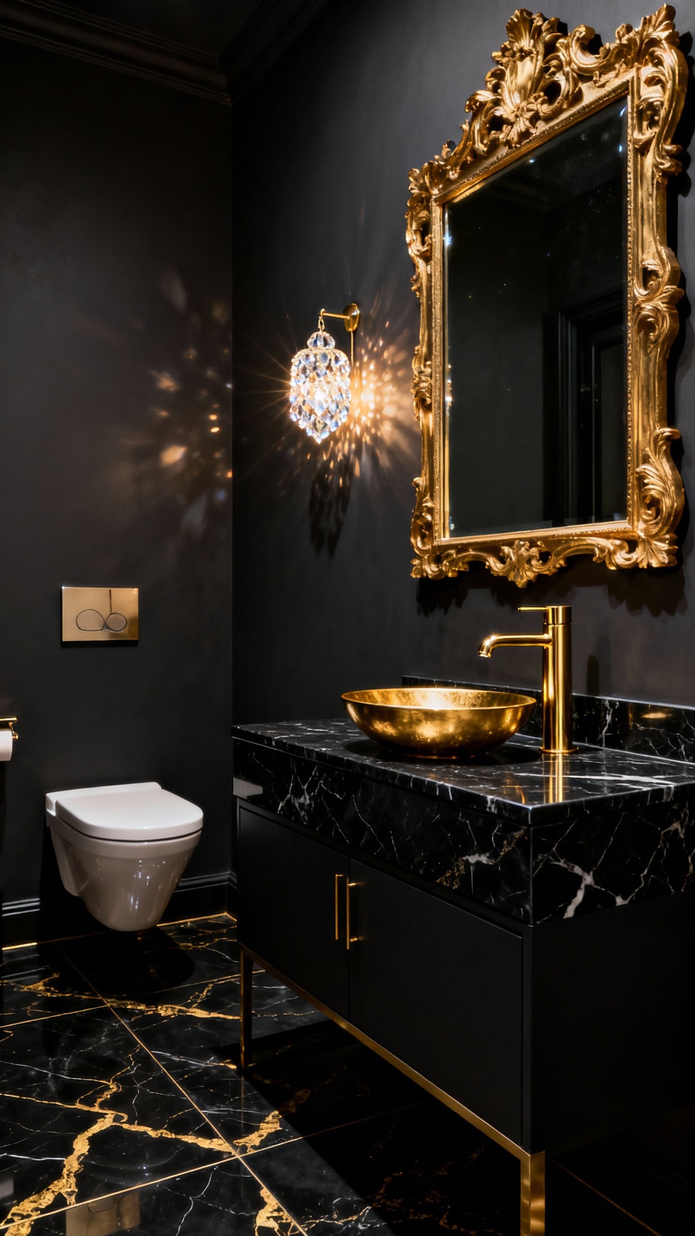 Small Guest Toilet Ideas - Sophisticated Dark and Dramatic Spaces - Charcoal walls and gold fixtures