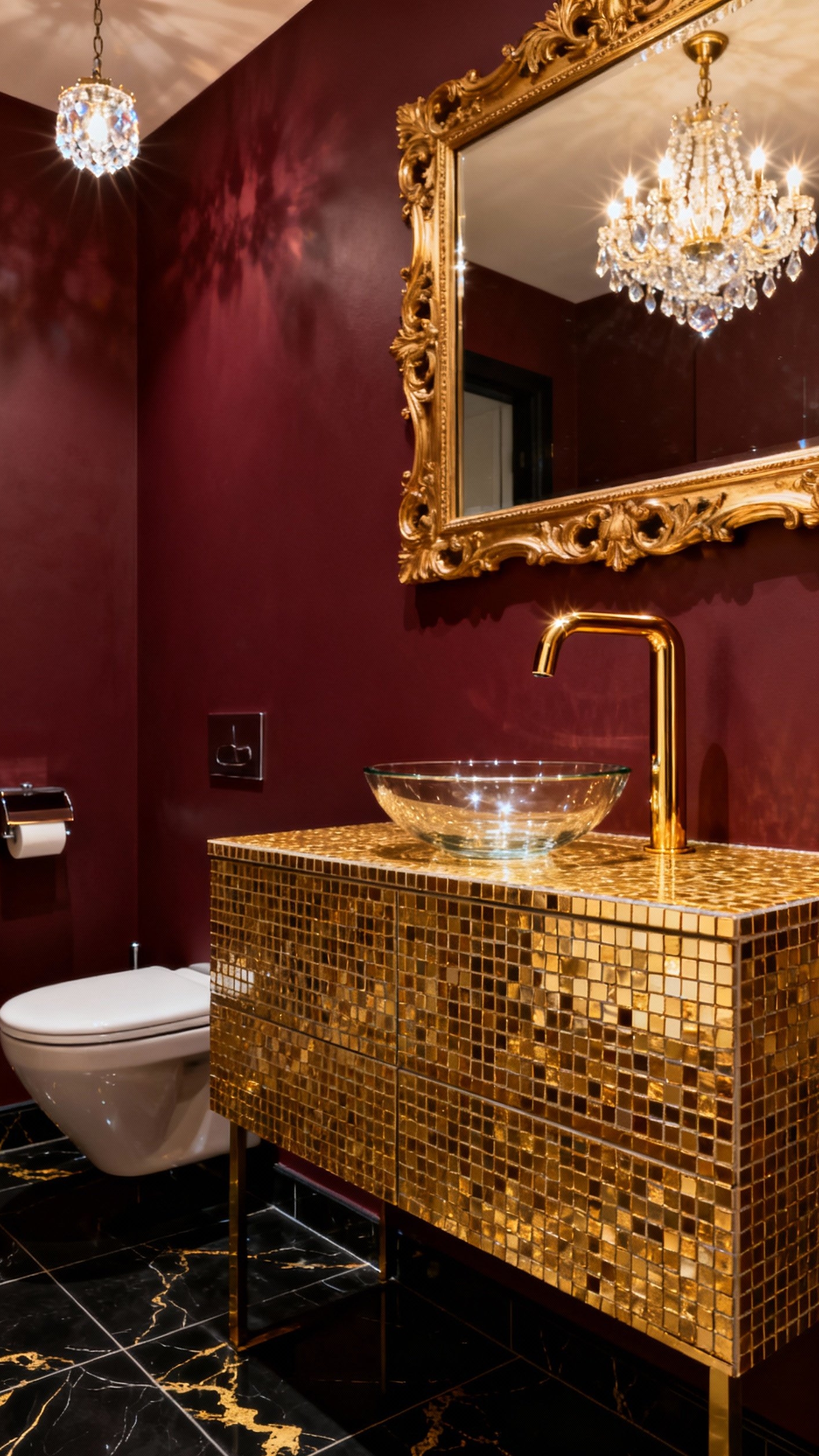 Small Guest Toilet Ideas - Bold and Luxurious Design Statements - Burgundy walls and gold accents
