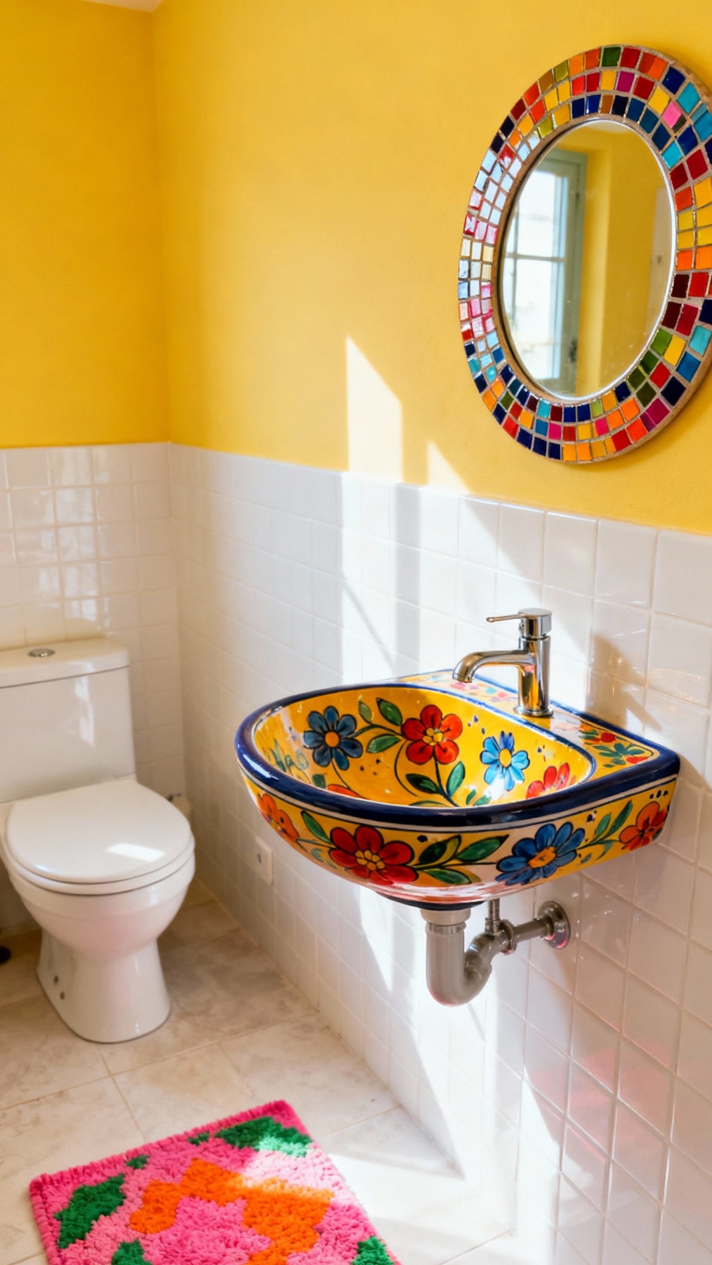 Small Guest Toilet Ideas - Playful and Colorful Small Bathrooms - Yellow walls and hand-painted ceramic sink