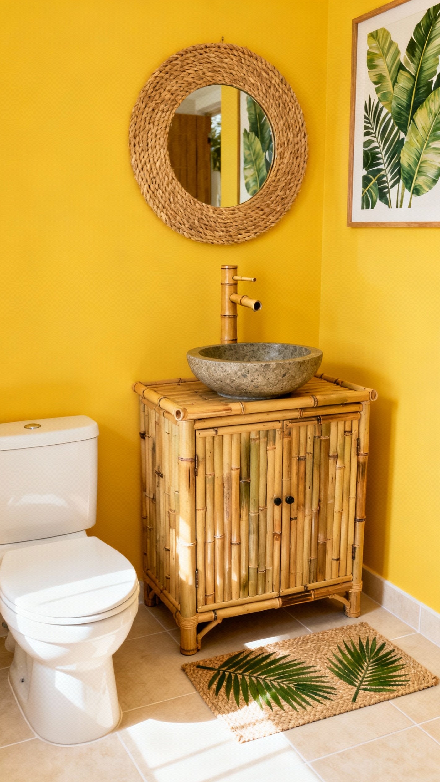 Small Guest Toilet Ideas - Tropical Vibes in Small Bathrooms - Yellow walls and bamboo vanity