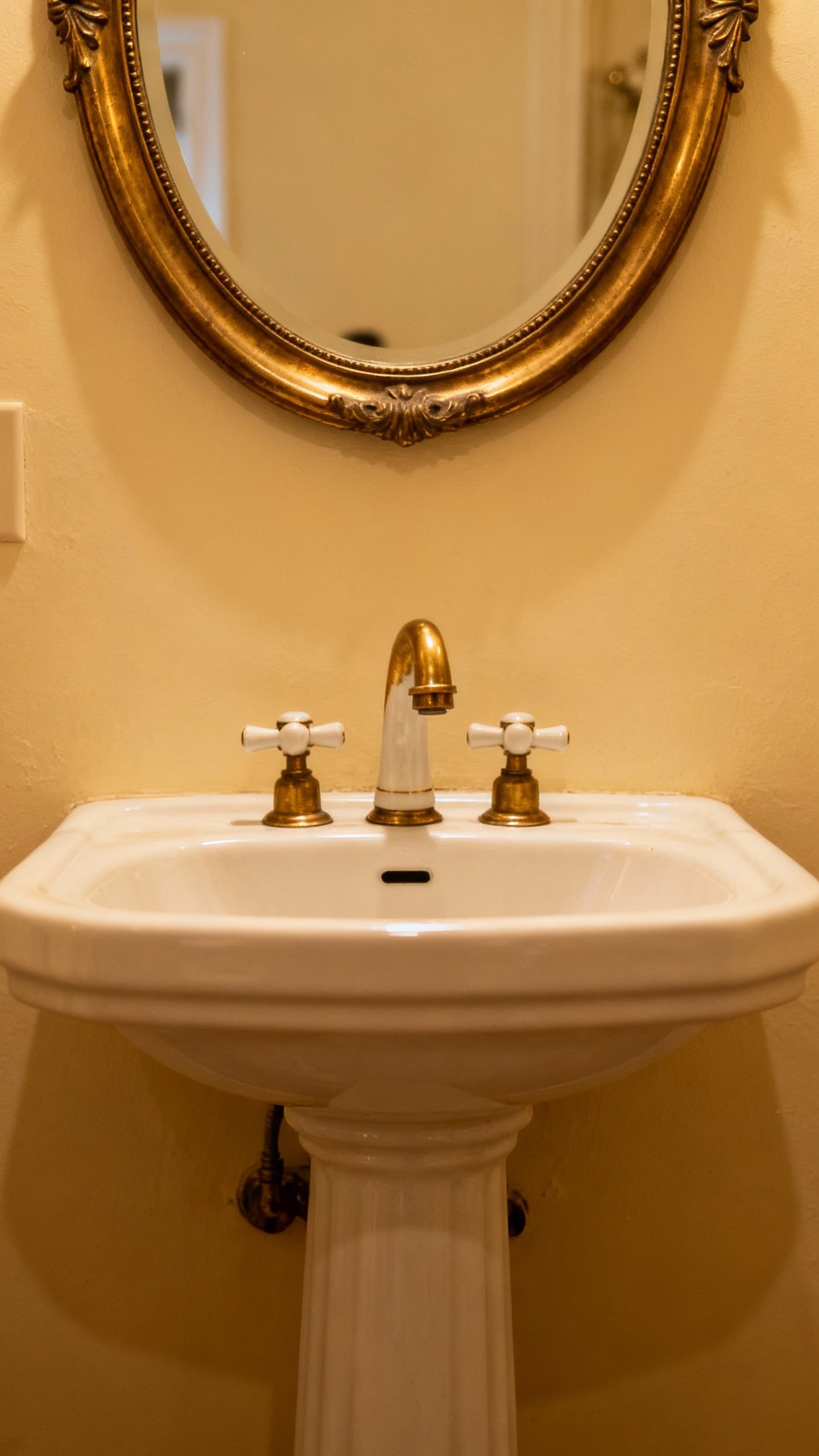 Small Guest Toilet Ideas - Vintage Elegance in Small Bathrooms - Pedestal sink and antique brass mirror