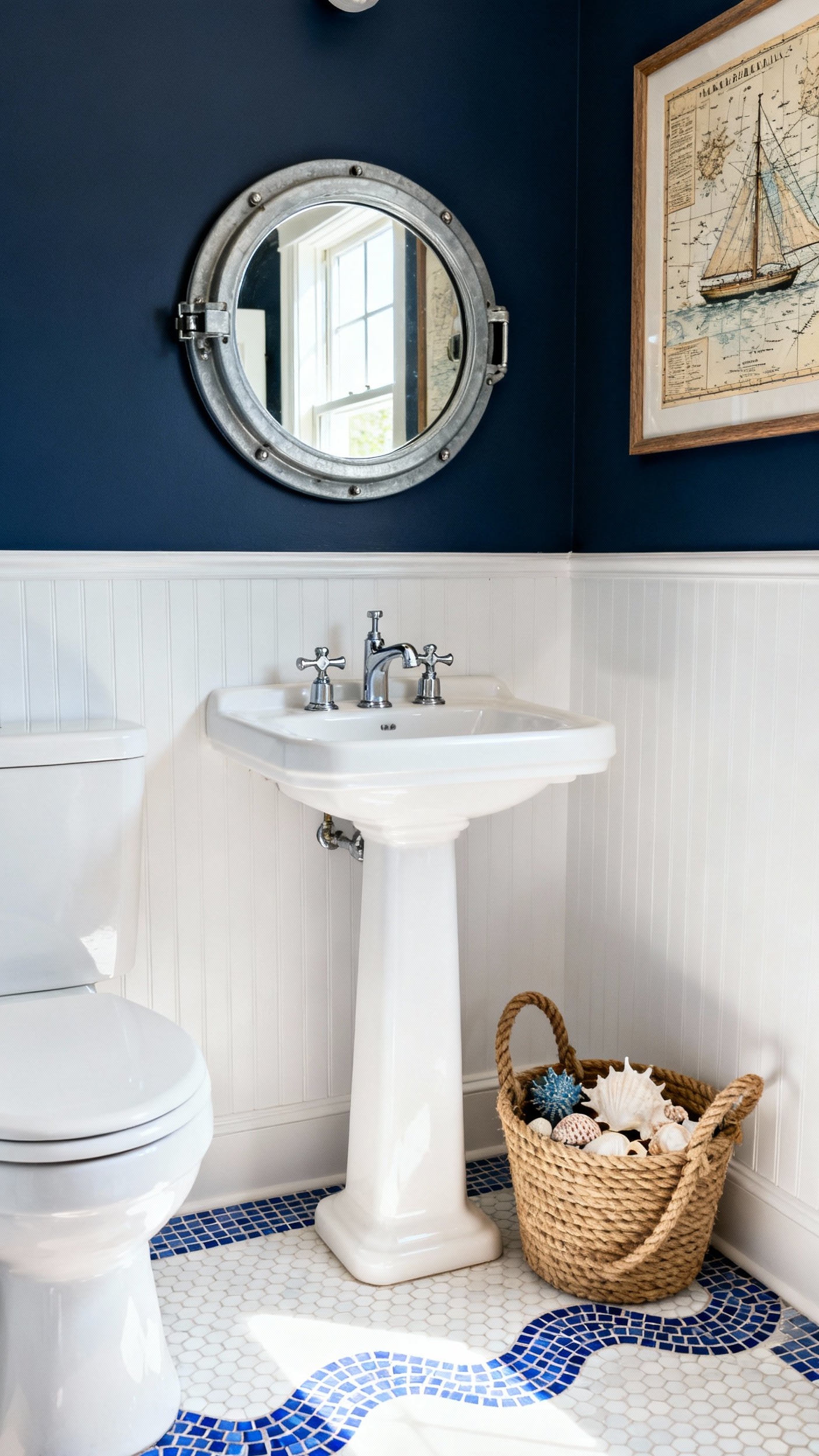 Small Guest Toilet Ideas - Coastal-Inspired Small Bathrooms - Navy walls and nautical decor