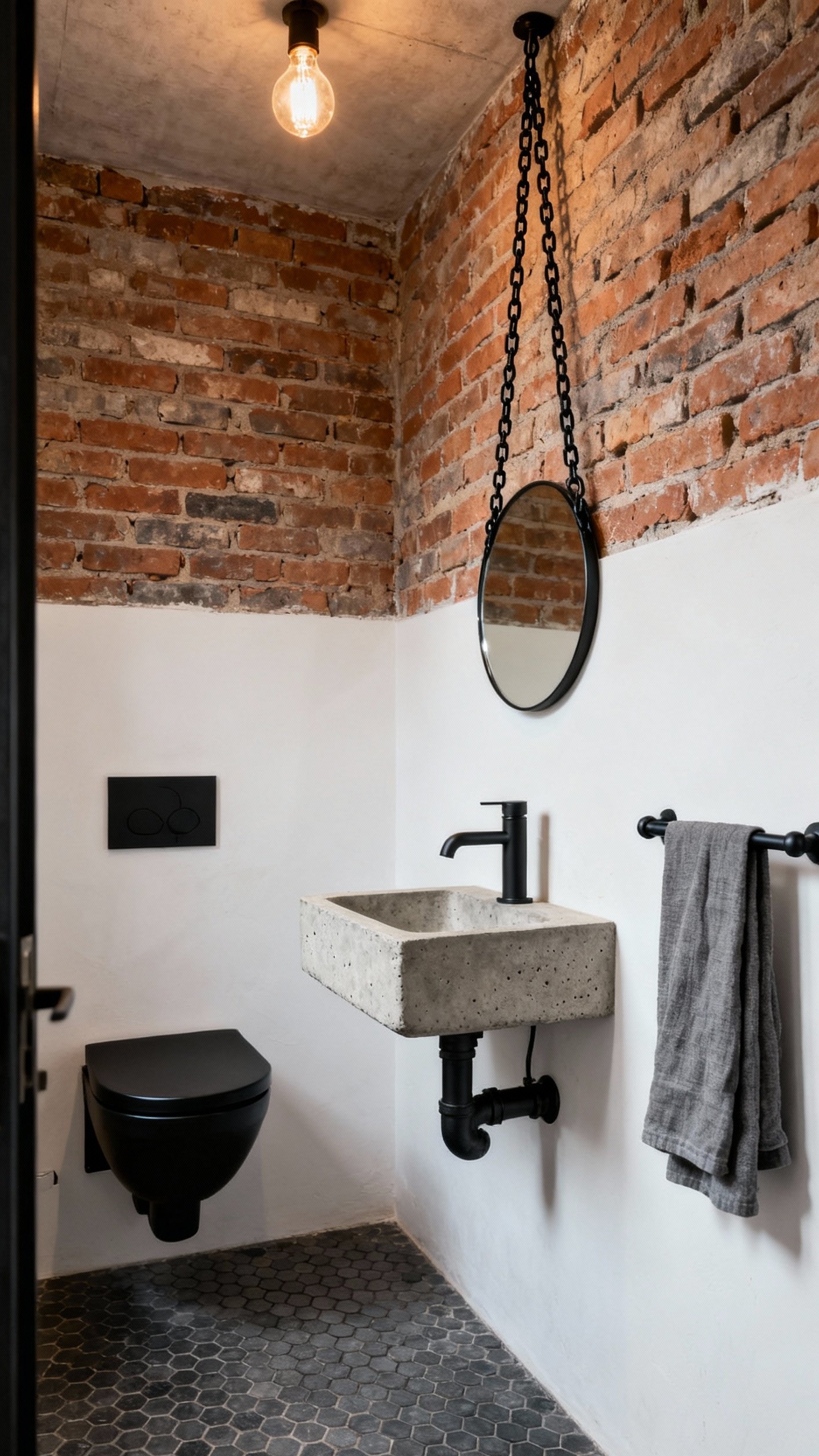 Small Guest Toilet Ideas - Industrial Style for Compact Spaces - Exposed brick and concrete sink