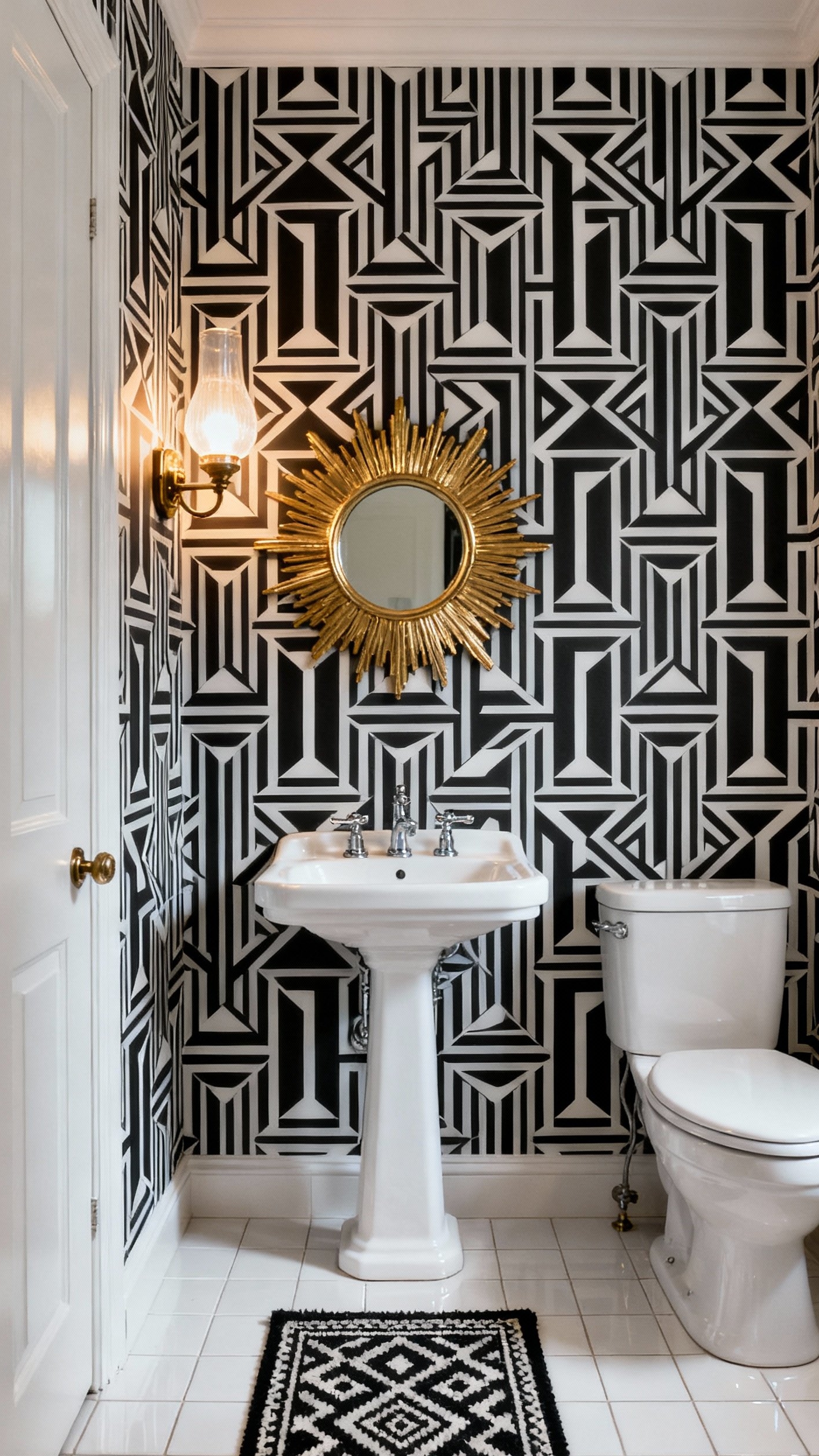 Small Guest Toilet Ideas - Art Deco Glamour in Small Bathrooms - Black and white geometric wallpaper