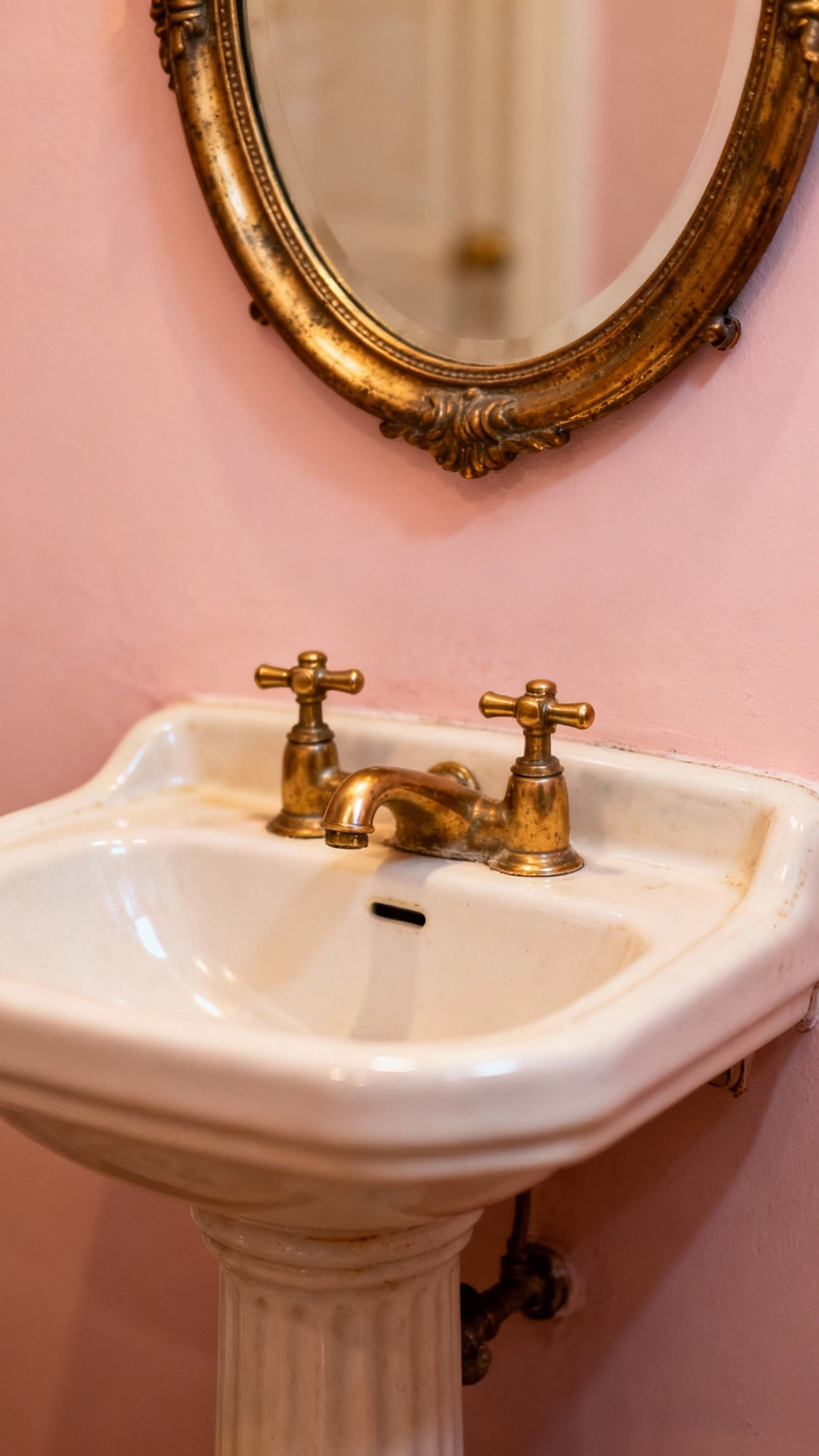 Small Guest Toilet Ideas - Vintage-Inspired Design Details - Pastel pink walls and antique brass accents