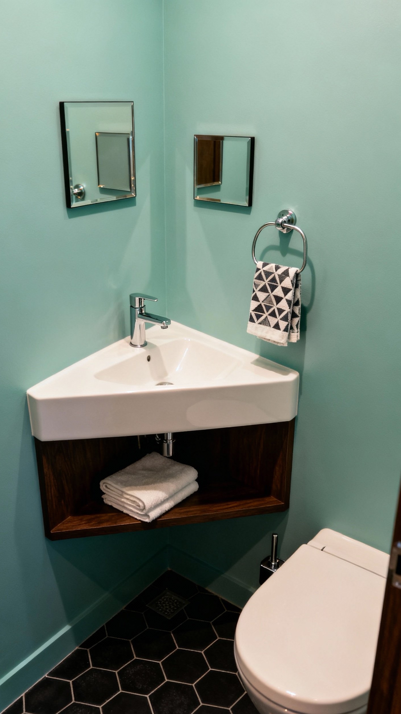 Small Guest Toilet Ideas - Compact and Clever Design Ideas - Corner sink and staggered mirrors